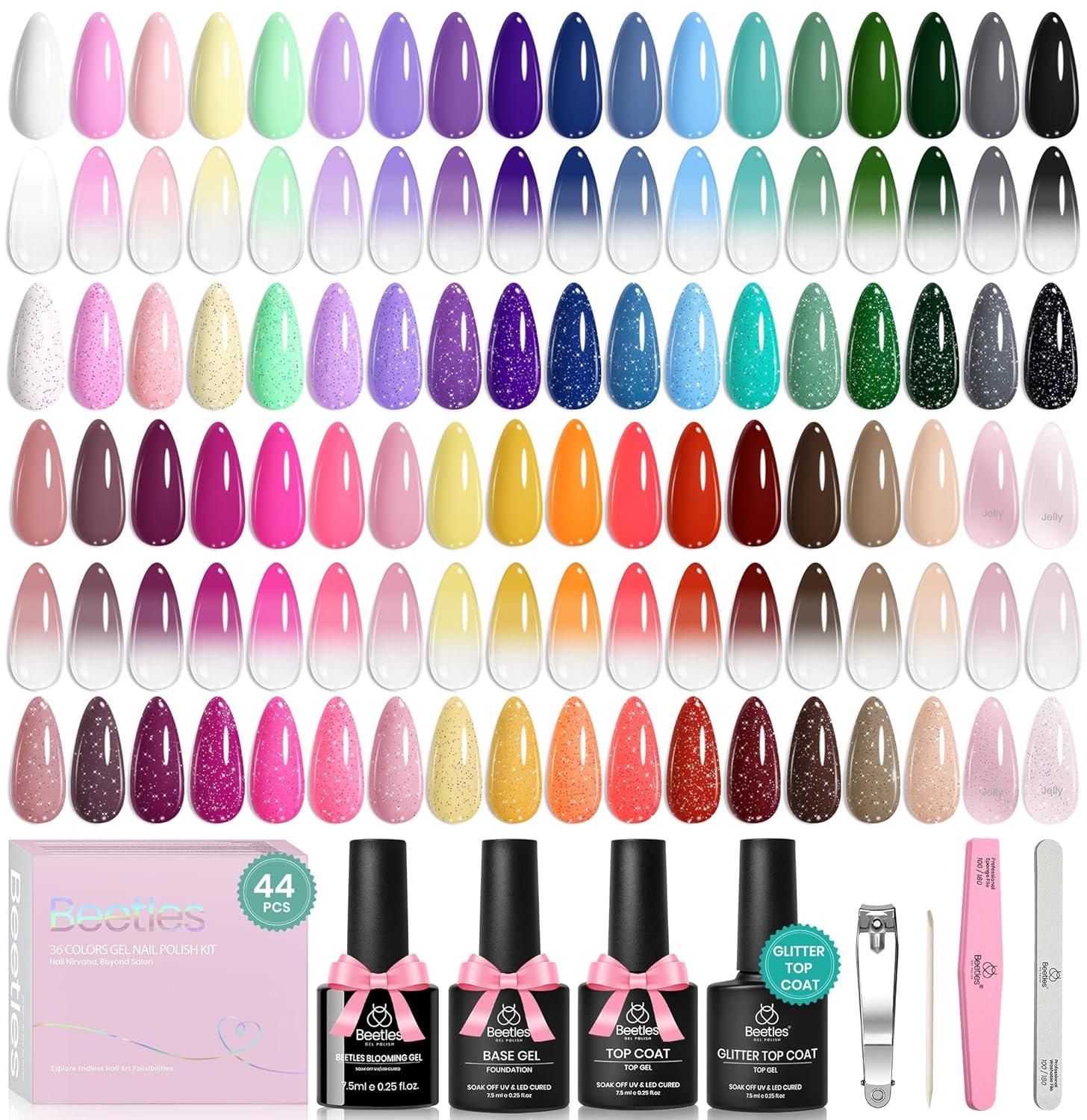 Beetles Summer Gel Polish Set - Fingertip Palette. 32 Colors Polish Set with Base Top Coat Pink Red Blue Purple Brown Yellow Green Black White UV LED Lamp Nails Gifts for Women : Beauty & Personal Care