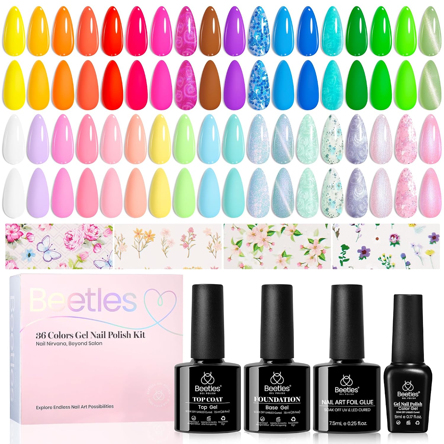 Beetles 44pcs Gel Nail Polish Set - 36 Colors Colorful Muse Gel Polish Kit Pink Nude Red Yellow Green Black White Glitter Nail Kit Base Top Coat UV LED Needed Salon DIY Home Gift for Women : Beauty & Personal Care