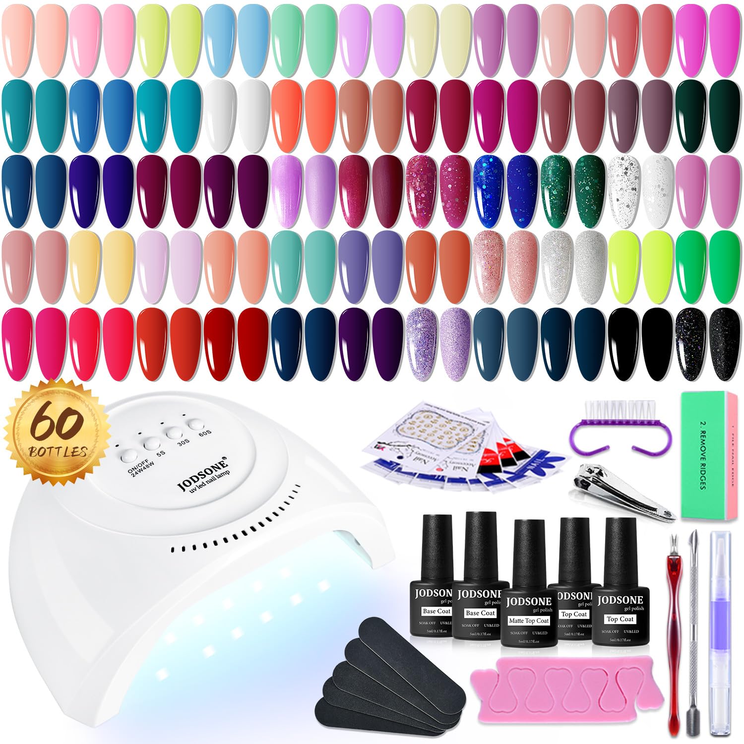 JODSONE Gel Nail Polish Kit 60 PCS with U V Light Soak off Base Top Coat 55 Shine Colors Gel Nail Kit Bright and Dark Brown Wine Red Series Manicure Set for Women and Girls : Beauty & Personal Care