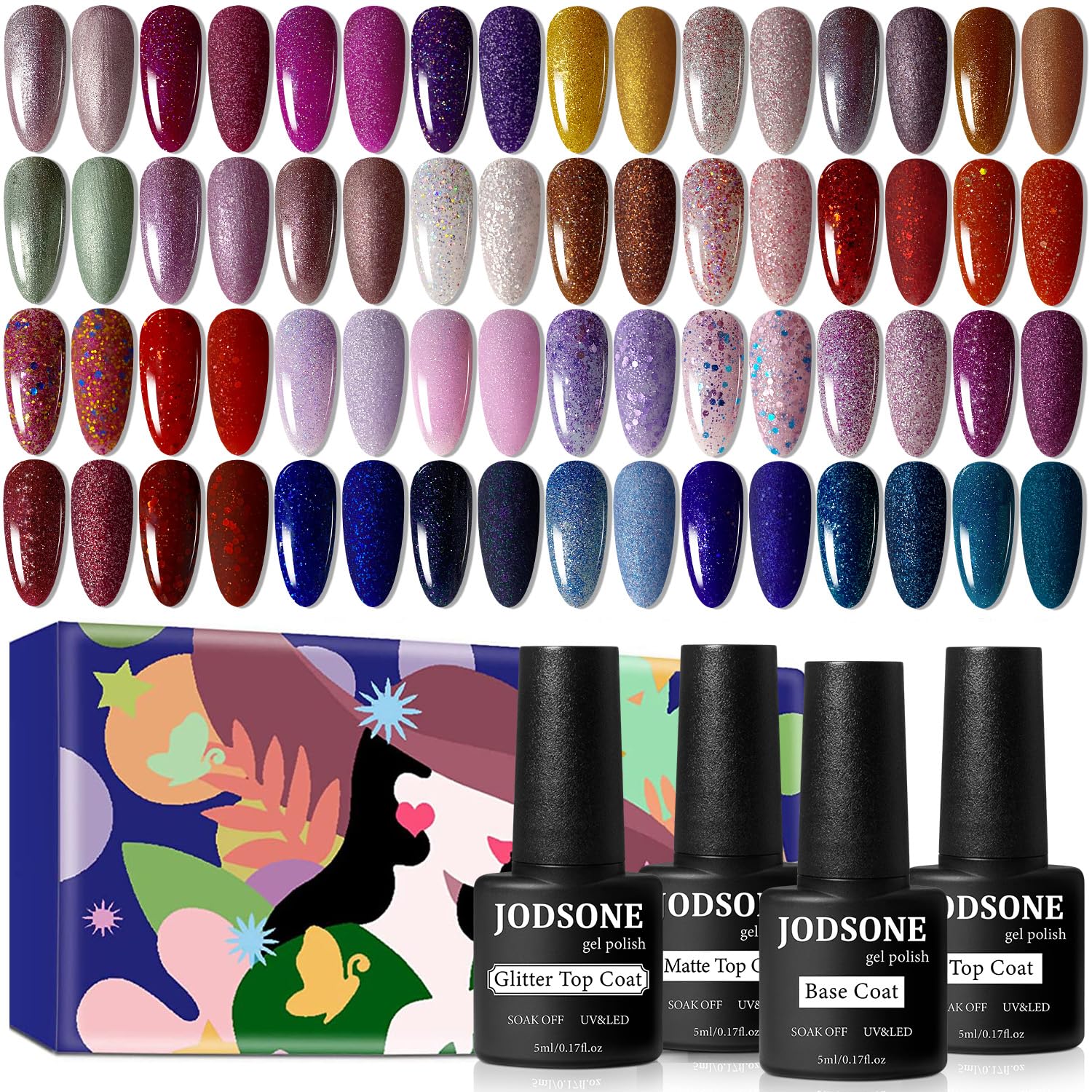 JODSONE Gel Nail Polish Kit 60 PCS with U V Light Soak off Base Top Coat 55 Shine Colors Gel Nail Kit Bright and Dark Brown Wine Red Series Manicure Set for Women and Girls : Beauty & Personal Care
