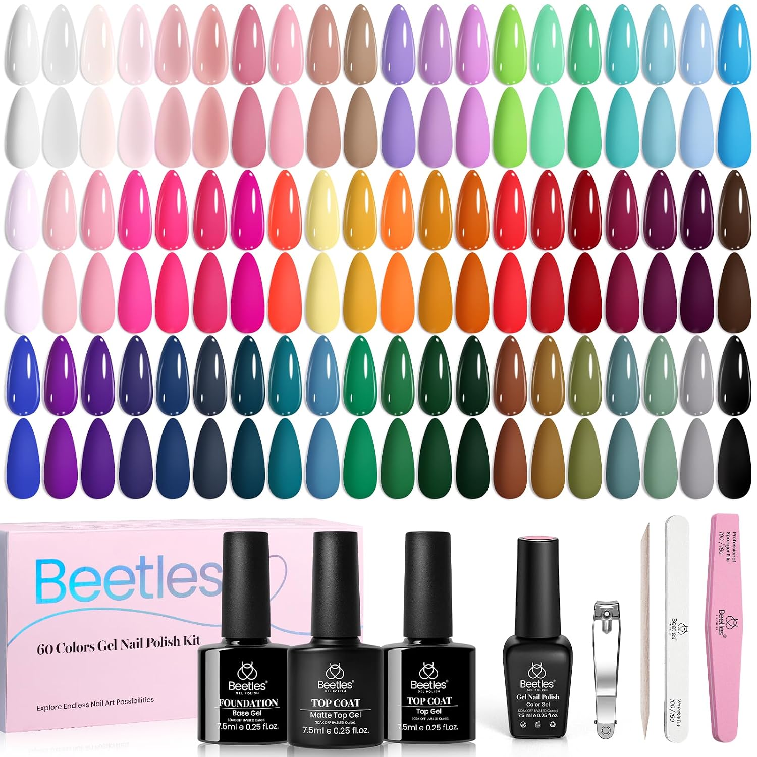 Beetles 44pcs Gel Nail Polish Set - 36 Colors Colorful Muse Gel Polish Kit Pink Nude Red Yellow Green Black White Glitter Nail Kit Base Top Coat UV LED Needed Salon DIY Home Gift for Women : Beauty & Personal Care