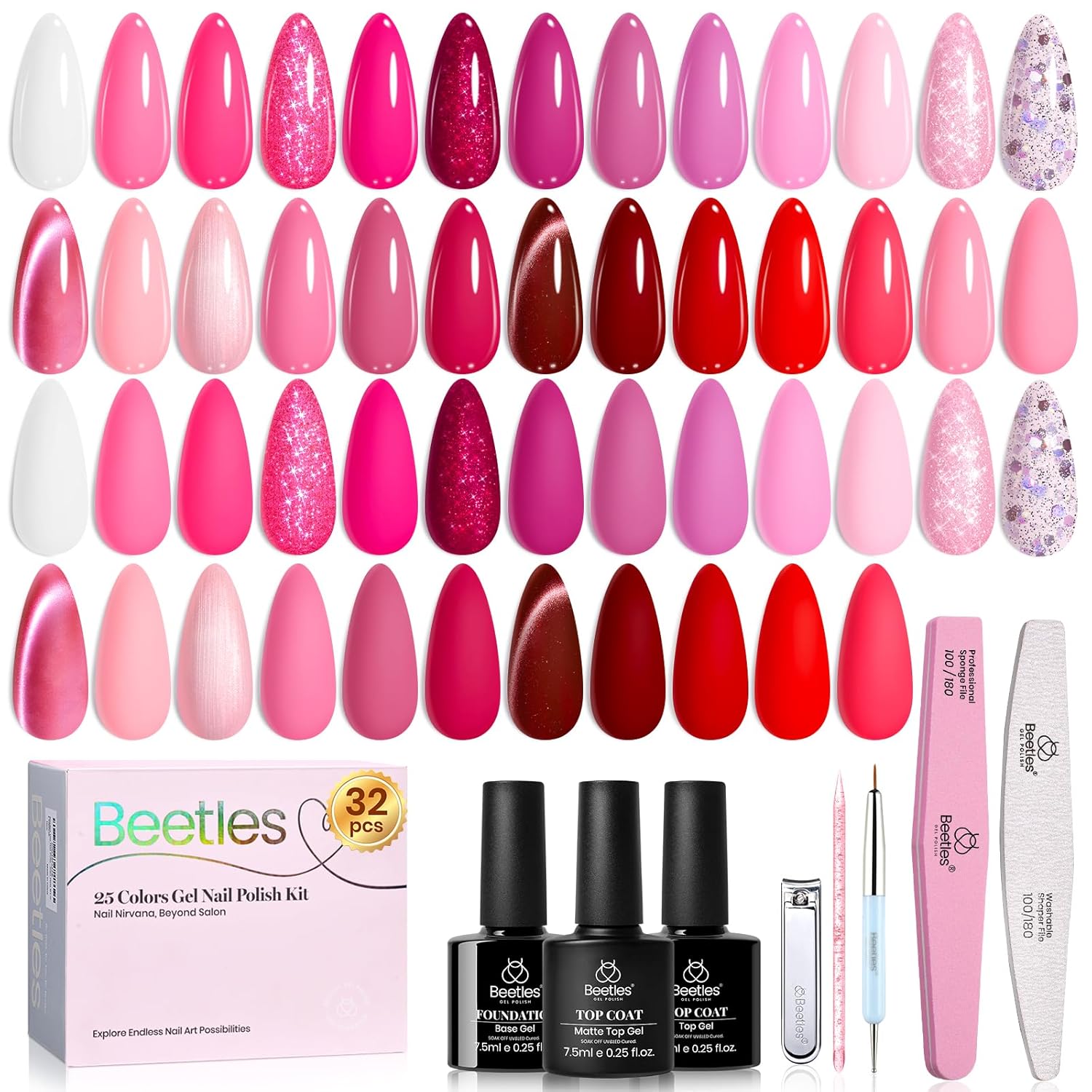 Beetles Summer Gel Polish Set - Fingertip Palette. 32 Colors Polish Set with Base Top Coat Pink Red Blue Purple Brown Yellow Green Black White UV LED Lamp Nails Gifts for Women : Beauty & Personal Care