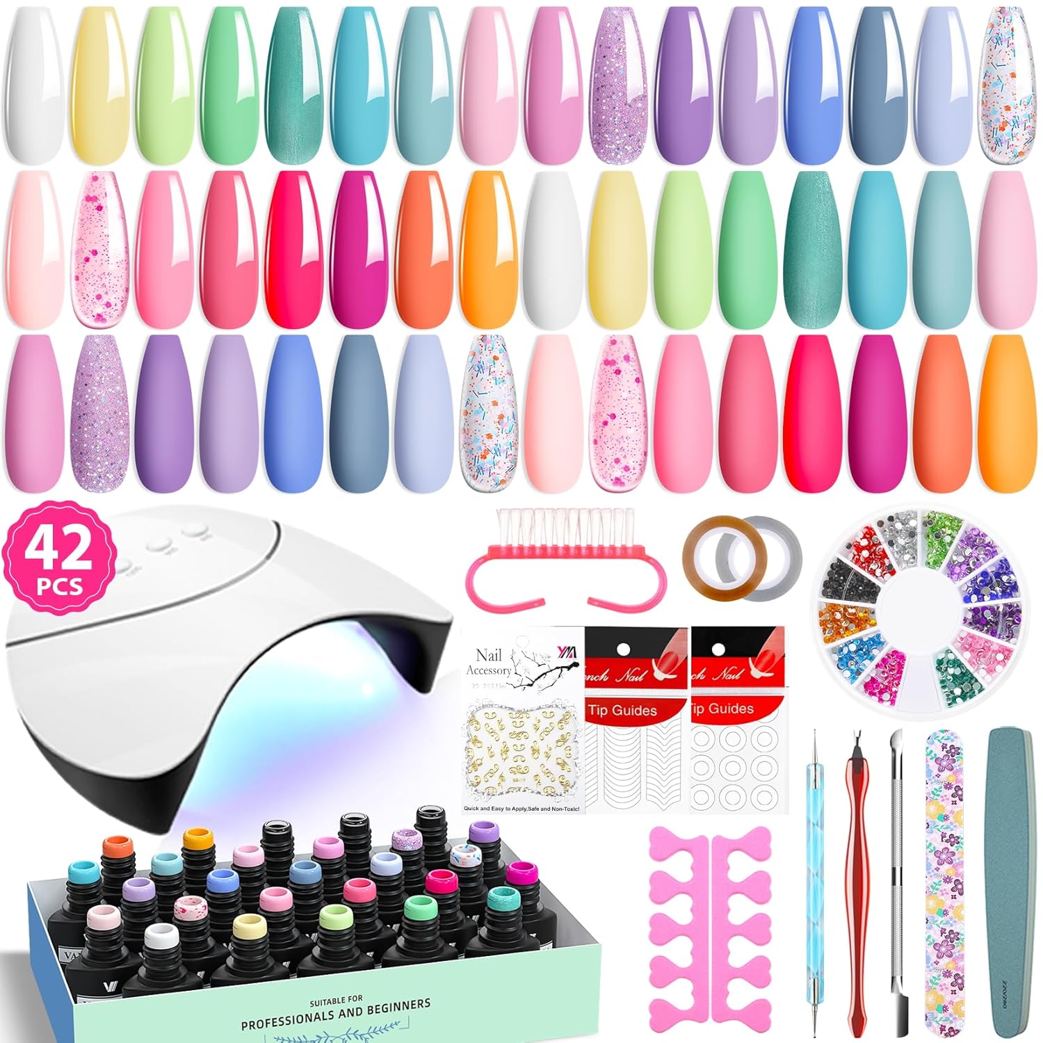 VANREESA 42 Pcs Gel Nail Polish Kit with U V Light 24 Popular Colors Gel Polish Nail Kit Green Blue Purple Pink Orange Complete Nail Kit with Manicure Tools Gifts for Women Girls : Beauty & Personal Care