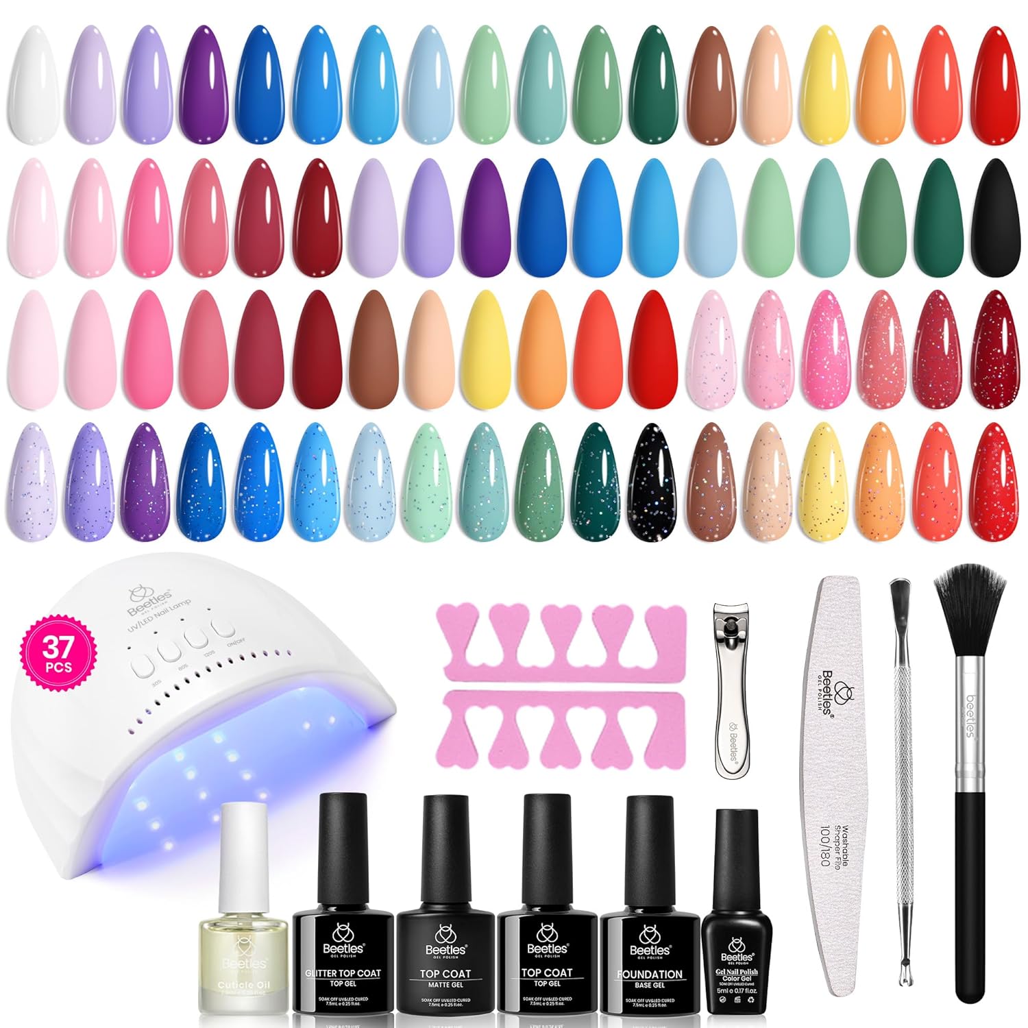 Beetles Summer Gel Polish Set - Fingertip Palette. 32 Colors Polish Set with Base Top Coat Pink Red Blue Purple Brown Yellow Green Black White UV LED Lamp Nails Gifts for Women : Beauty & Personal Care