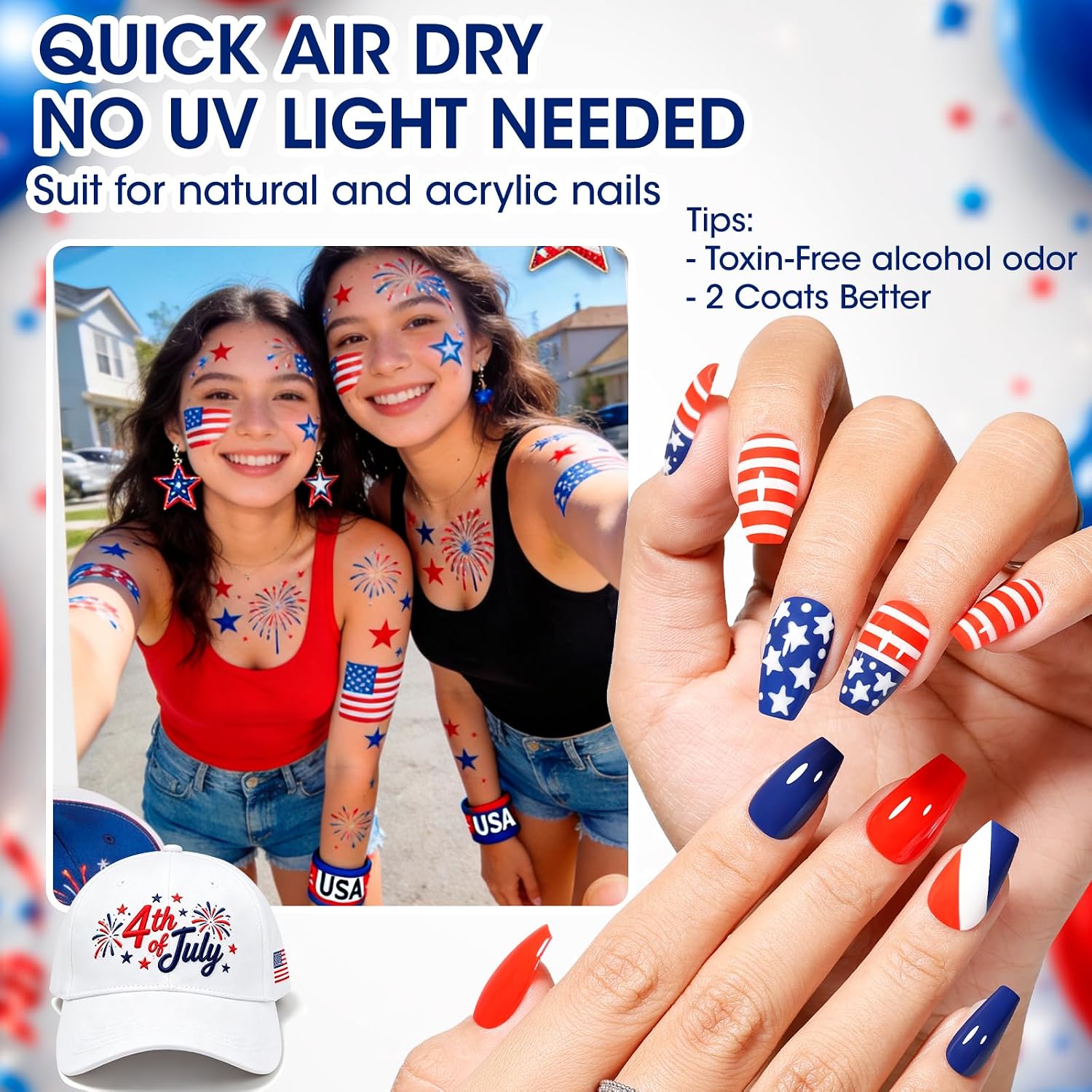 GELLEN 4th of July Nail Polish Blue Red White Summer. No Lamp Needed | Quick Air Dry. Toxin HEMA Free. High Pigment. For Finger Toe Nails Home Salon : Beauty & Personal Care