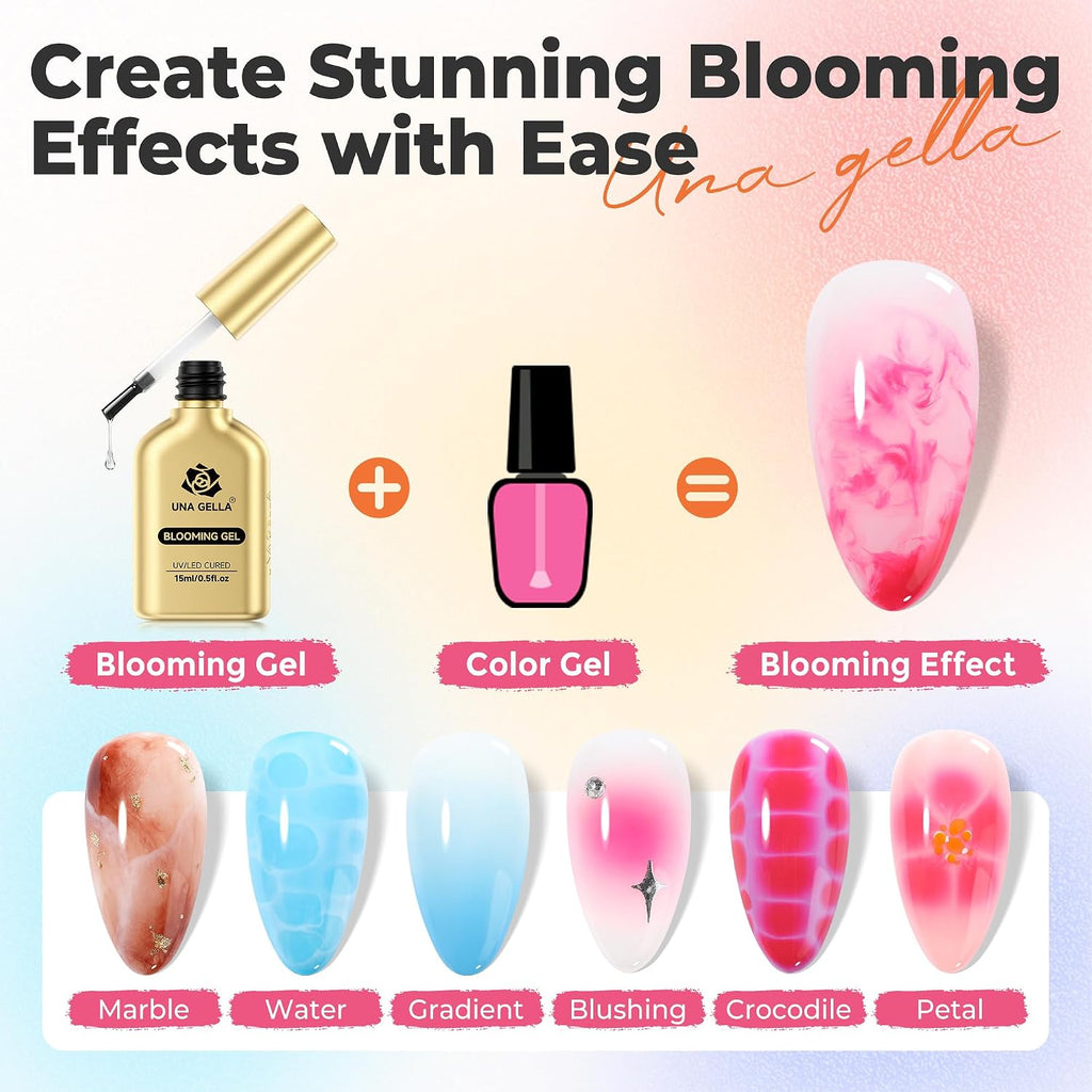 UNA GELLA Blooming Gel Nail Polish 15ml Super Clear for Spreading Effect U V/LED Needed Nail Blooming Gel for Marble Natural Stone Floral Print Watercolor Effect Design Soak Off Home DIY Salon : Beauty & Personal Care