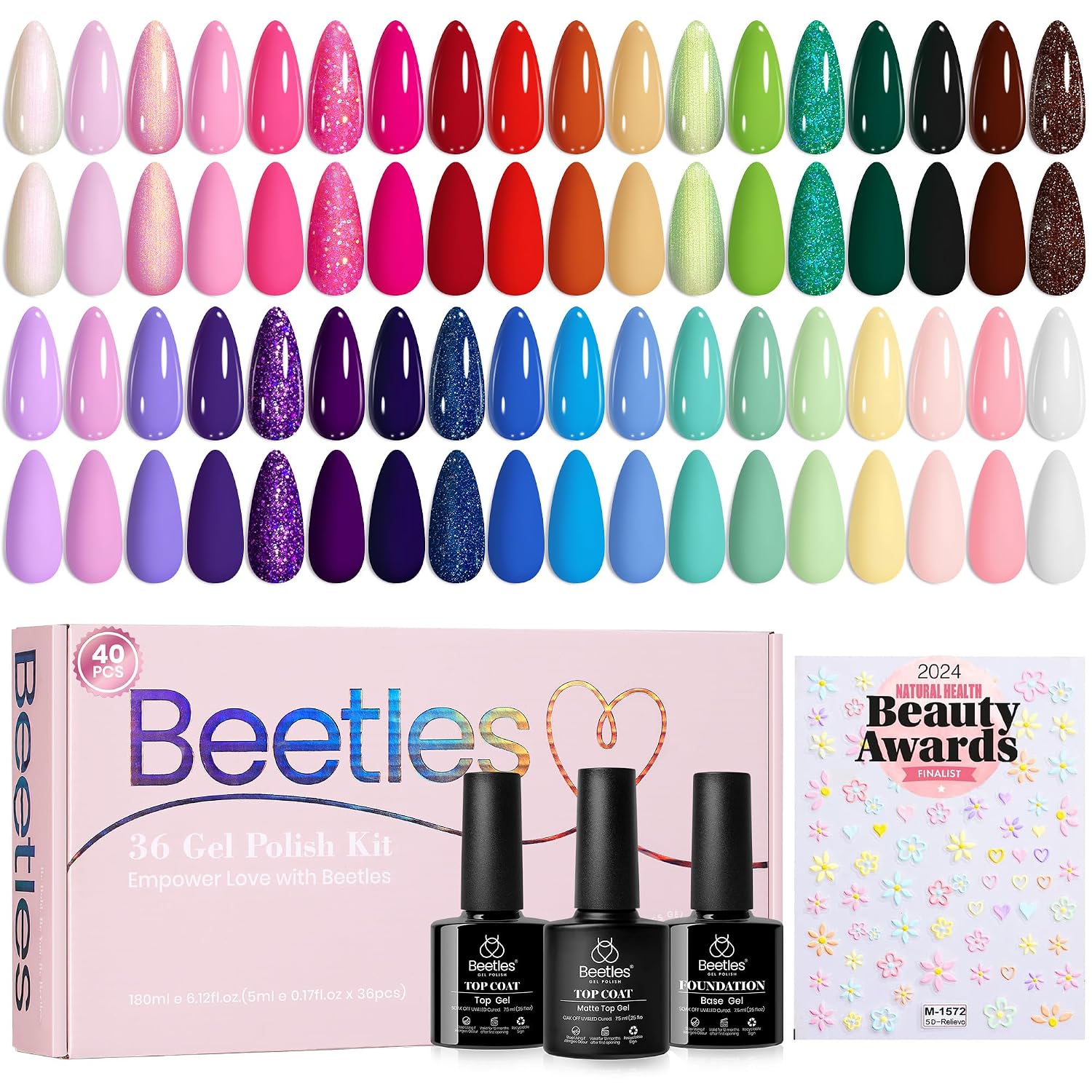 Beetles Summer Gel Polish Set - 36 Colors Bright Neon Gel Nail Polish Pink Orange Red Green Blue 4th of July Nail Polish with 4Pcs Base Top Coat Soak Off Colorful Collection UV Nail Gel : Beauty & Personal Care