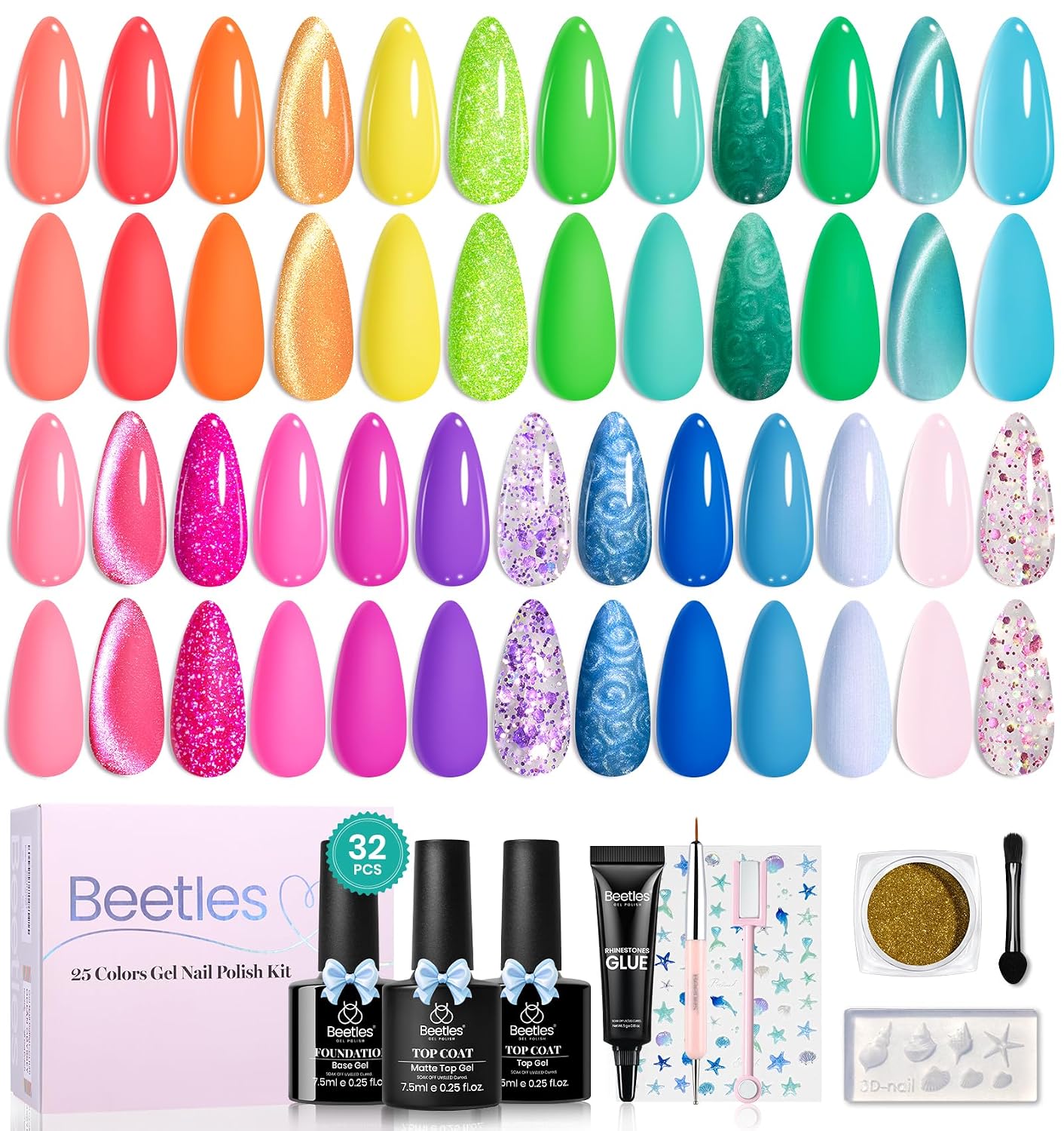 Beetles Summer Gel Polish Set - 36 Colors Bright Neon Gel Nail Polish Pink Orange Red Green Blue 4th of July Nail Polish with 4Pcs Base Top Coat Soak Off Colorful Collection UV Nail Gel : Beauty & Personal Care