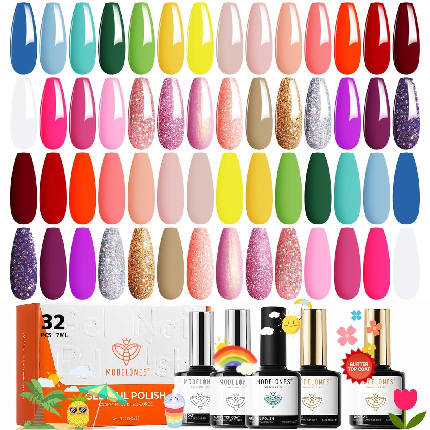 modelones 32 PCS Gel Nail Polish Set. 28 Colors Gel Polish with No Wipe Base Coat. Glitter & Glossy & Matte Top Coat Black Brown Red Purple Soak Off LED Nail Art Kit Salon at Home : Beauty & Personal Care