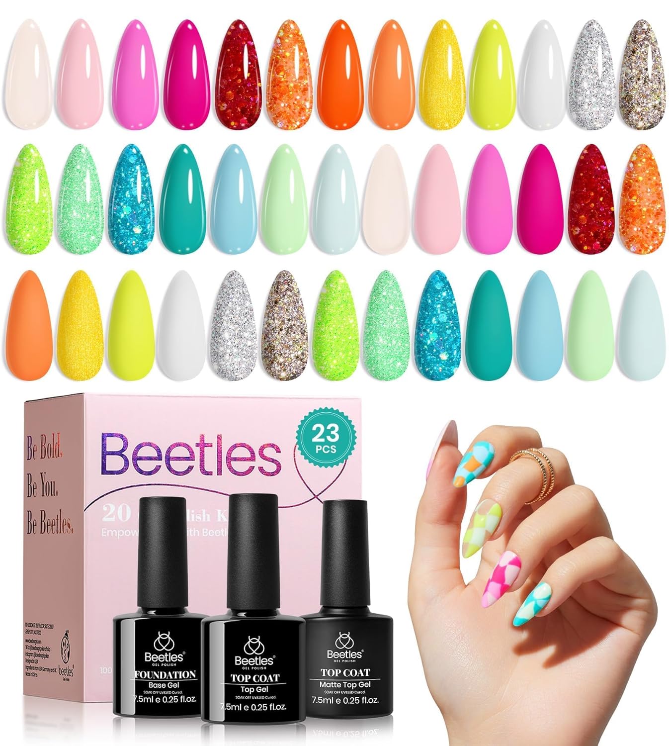 Beetles Summer Gel Polish Set - Rustic Sonata 25 Colors Yellow Orange Blue Pink Bright Gel Polish with Base Coat Glossy & Matte Top Coat DIY Salon Soak Off UV Led Nails 4th of July : Beauty & Personal Care