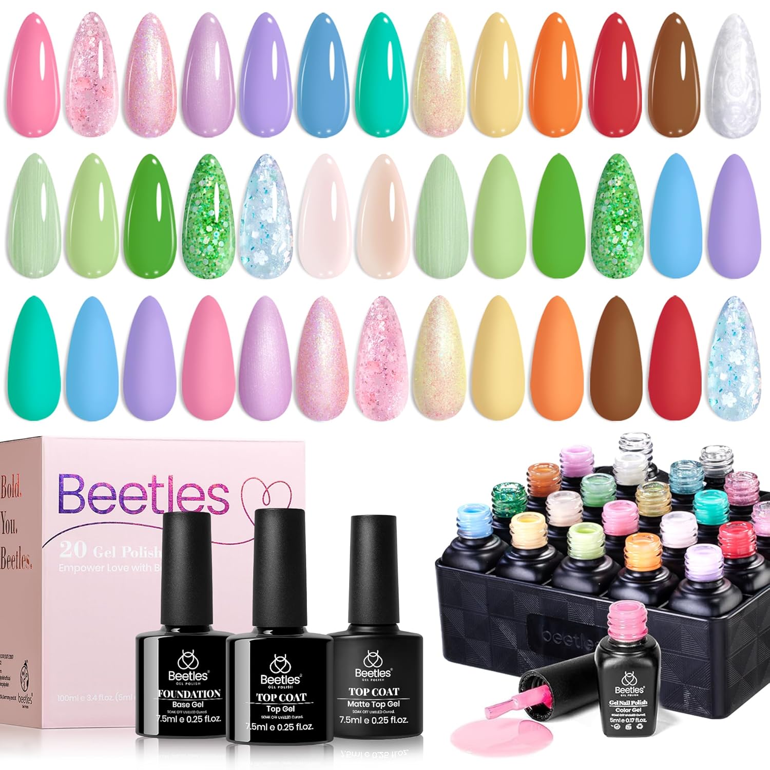 Beetles 44pcs Gel Nail Polish Set - 36 Colors Colorful Muse Gel Polish Kit Pink Nude Red Yellow Green Black White Glitter Nail Kit Base Top Coat UV LED Needed Salon DIY Home Gift for Women : Beauty & Personal Care