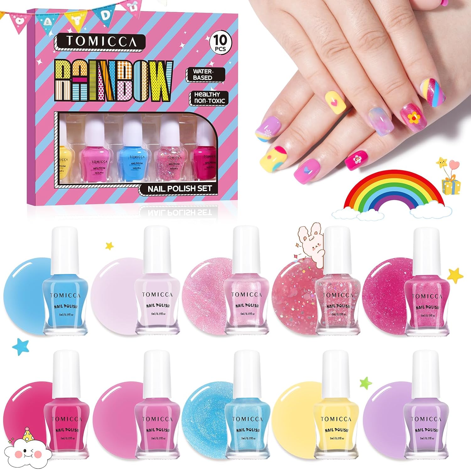 TOMICCA Kids Nail Polish Set. Non Toxic Quick Dry Water-Based Peel-Off 10 Colors Toddler Nail Polish Kit Natural Safe Quick Diy Kids Gifts Kit for Girls Ages 5+ : Beauty & Personal Care