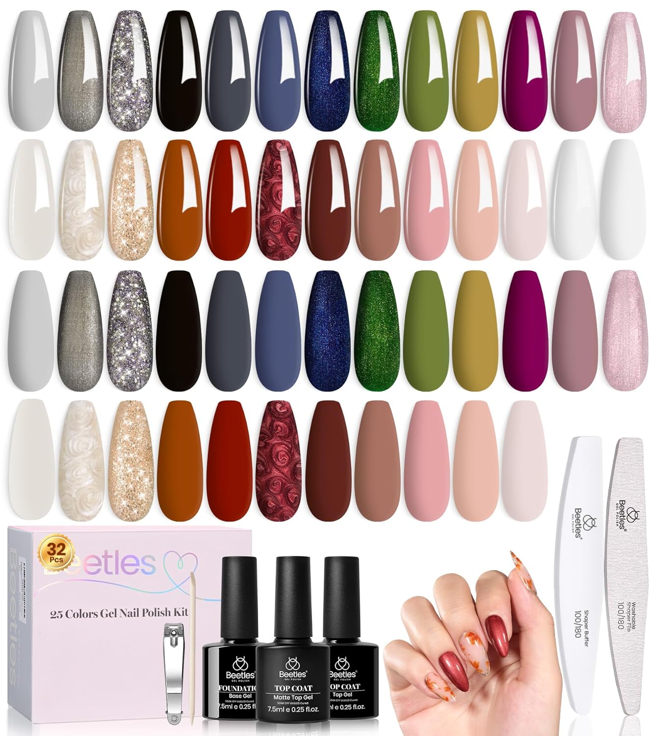 beetles Gel Polish Set Vivid Seasons - Summer Gel Nail Polish Set 36 Colors Pink Yellow Green Purple Jelly Shades 45pcs with Base & Top Coat UV LED Soak Off DIY Salon Gift for Women : Beauty & Personal Care