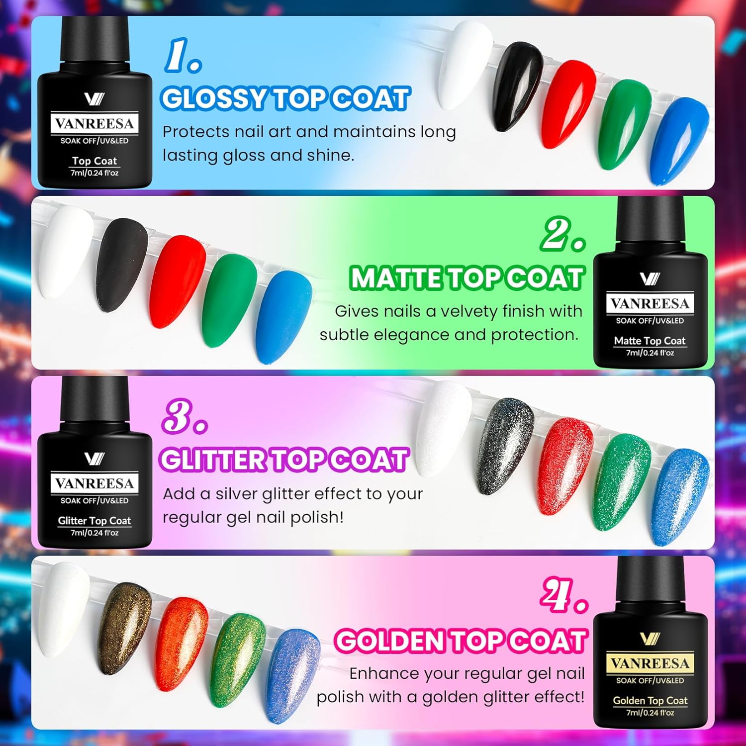 VANREESA 24 Pcs Neon Gel Nail Polish Set -Bright Summer Colors Gel Polish with Base Coat & 4 Effects of Top Coat Bright Yellow Orange Pink Red Green Blue Purple Gel Polish Set Nail Kit Gifts for Women : Beauty & Personal Care