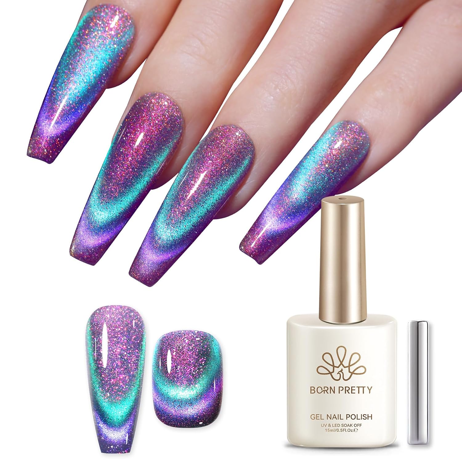 Born Pretty 9D Cat Magnetic Eye Gel Nail Polish Holographic Rainbow Gel Polish Blue Purple Soak Off U V LED Gel Polish Nail Art Design Manicure Salon DIY Home 15ML : Beauty & Personal Care