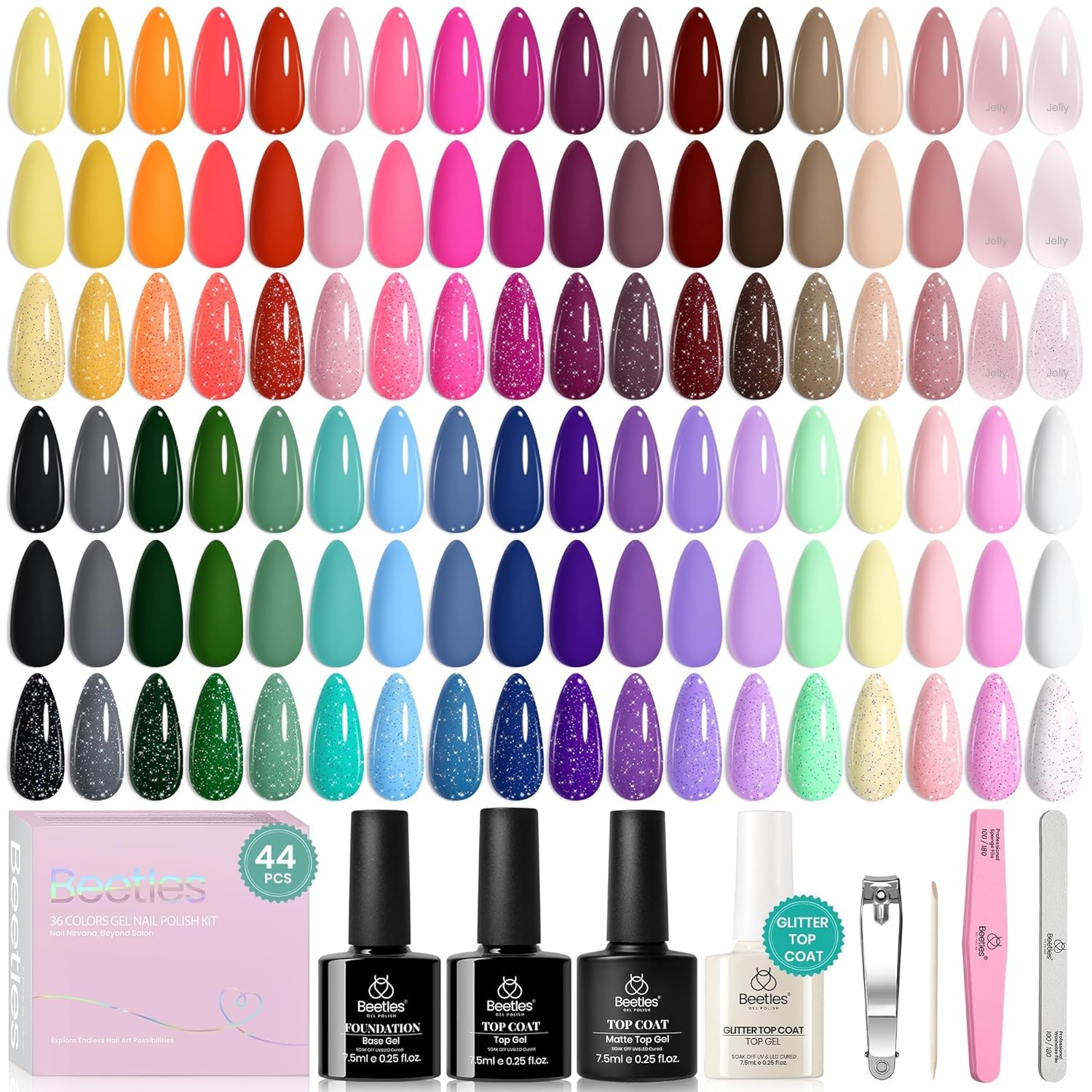 Beetles 44pcs Gel Nail Polish Set - 36 Colors Colorful Muse Gel Polish Kit Pink Nude Red Yellow Green Black White Glitter Nail Kit Base Top Coat UV LED Needed Salon DIY Home Gift for Women : Beauty & Personal Care