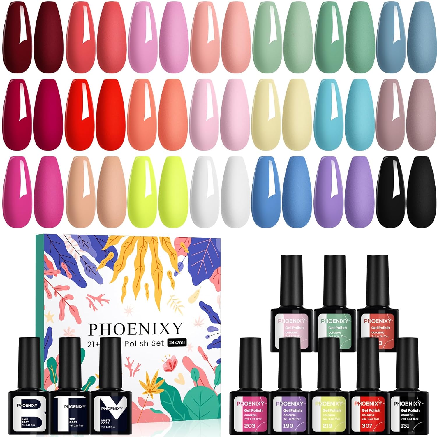 PHOENIXY 24 PCS Gel Nail Polish Set. 21 Colors Gel Nail Polish Kit with Base Glossy Matte Top Coat Black Gray Red Valentine Nail Kit Gifts for Women : Beauty & Personal Care