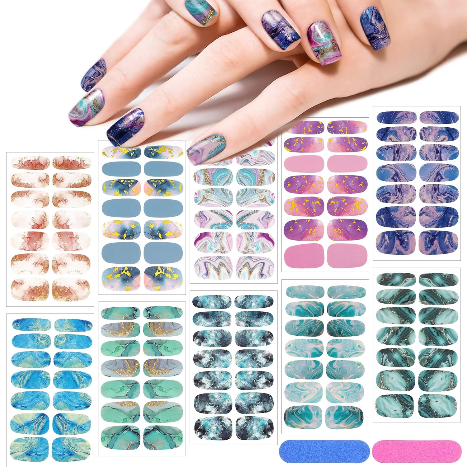 Maitys 140 Pcs 10 Sheets Glitter Full Wrap Nail Stickers for Women UV Free Short Polish Strips with 2 Pcs Nail Files Gradient Stickers Self Adhesive Easy DIY Manicure Decals Strips for Holiday Decor : Beauty & Personal Care