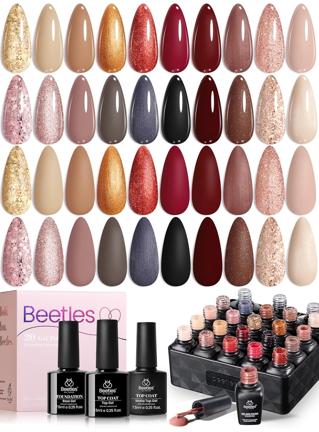 Beetles Summer Gel Polish Set - Fingertip Palette. 32 Colors Polish Set with Base Top Coat Pink Red Blue Purple Brown Yellow Green Black White UV LED Lamp Nails Gifts for Women : Beauty & Personal Care