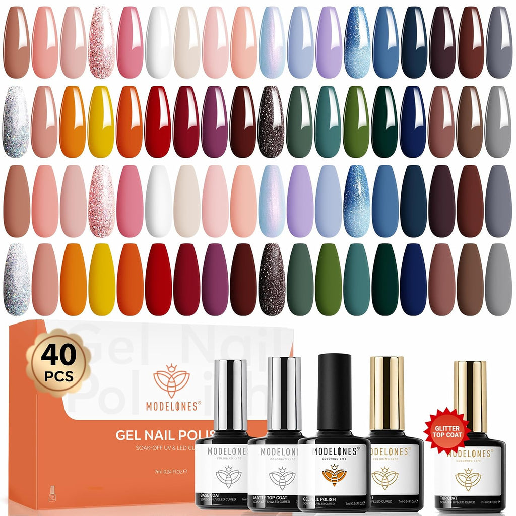 modelones 32 PCS Gel Nail Polish Set. 28 Colors Gel Polish with No Wipe Base Coat. Glitter & Glossy & Matte Top Coat Black Brown Red Purple Soak Off LED Nail Art Kit Salon at Home : Beauty & Personal Care