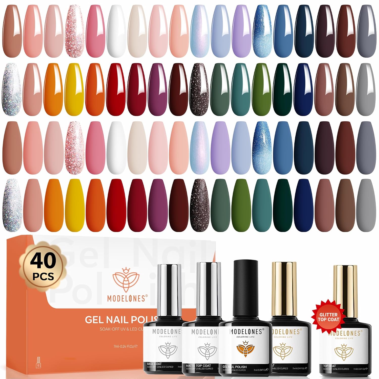 modelones 32 PCS Gel Nail Polish Set. 28 Colors Gel Polish with No Wipe Base Coat. Glitter & Glossy & Matte Top Coat Black Brown Red Purple Soak Off LED Nail Art Kit Salon at Home : Beauty & Personal Care