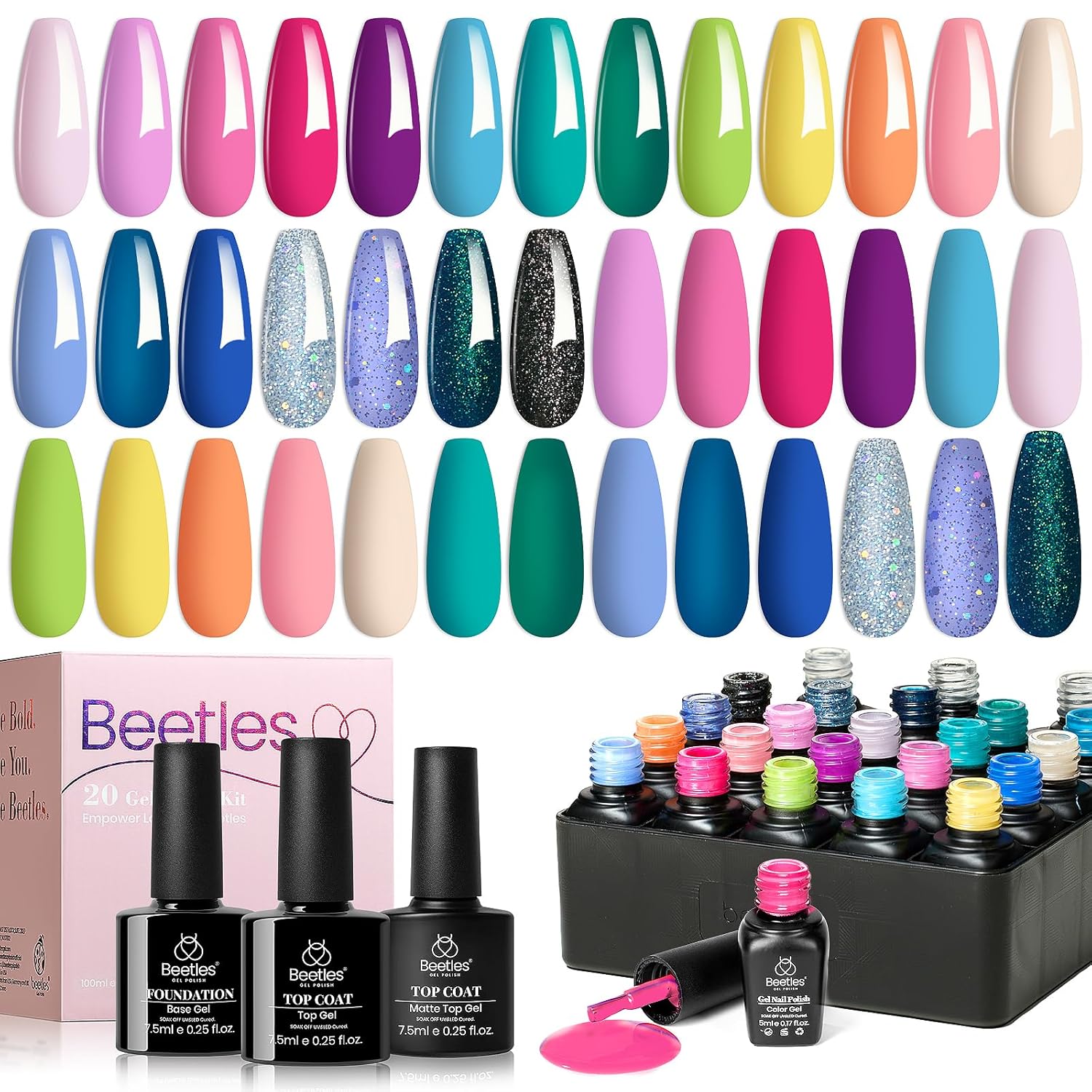 Beetles Summer Gel Polish Set - 36 Colors Bright Neon Gel Nail Polish Pink Orange Red Green Blue 4th of July Nail Polish with 4Pcs Base Top Coat Soak Off Colorful Collection UV Nail Gel : Beauty & Personal Care