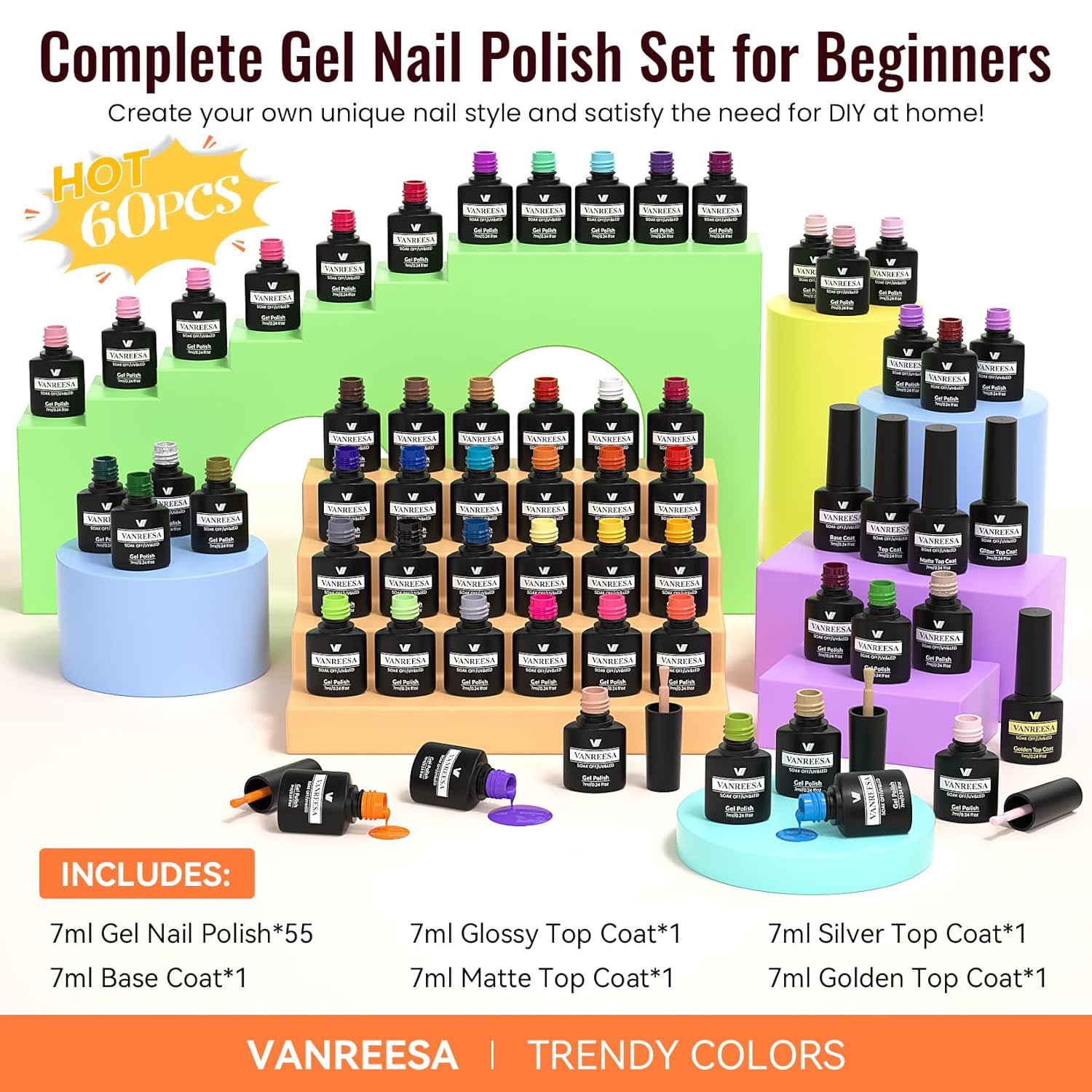 VANREESA 60 Pcs Gel Nail Polish Set. 55 Colors Gel Polish with Base Coat & 4 Effects Top Coat Full-Color Nail Polish Set All Seasons Nail Kit Gifts for Women Girls Nail Salon at Home : Beauty & Personal Care