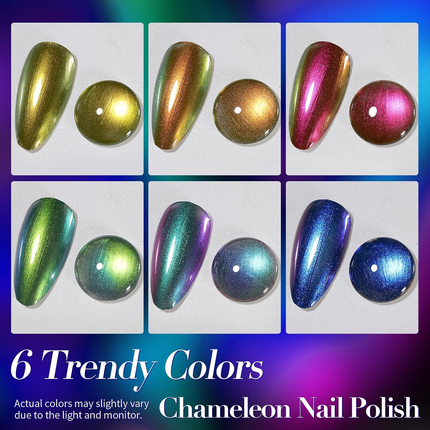 Born Pretty Chameleon Nail Polish Set. 6 Colors Chrome Holographic Metallic Glitter Quick Dry Nail Lacquer Kit Long Lasting DIY Fingernail Art Home Salon Valentines Gifts for Women Girls : Beauty & Personal Care