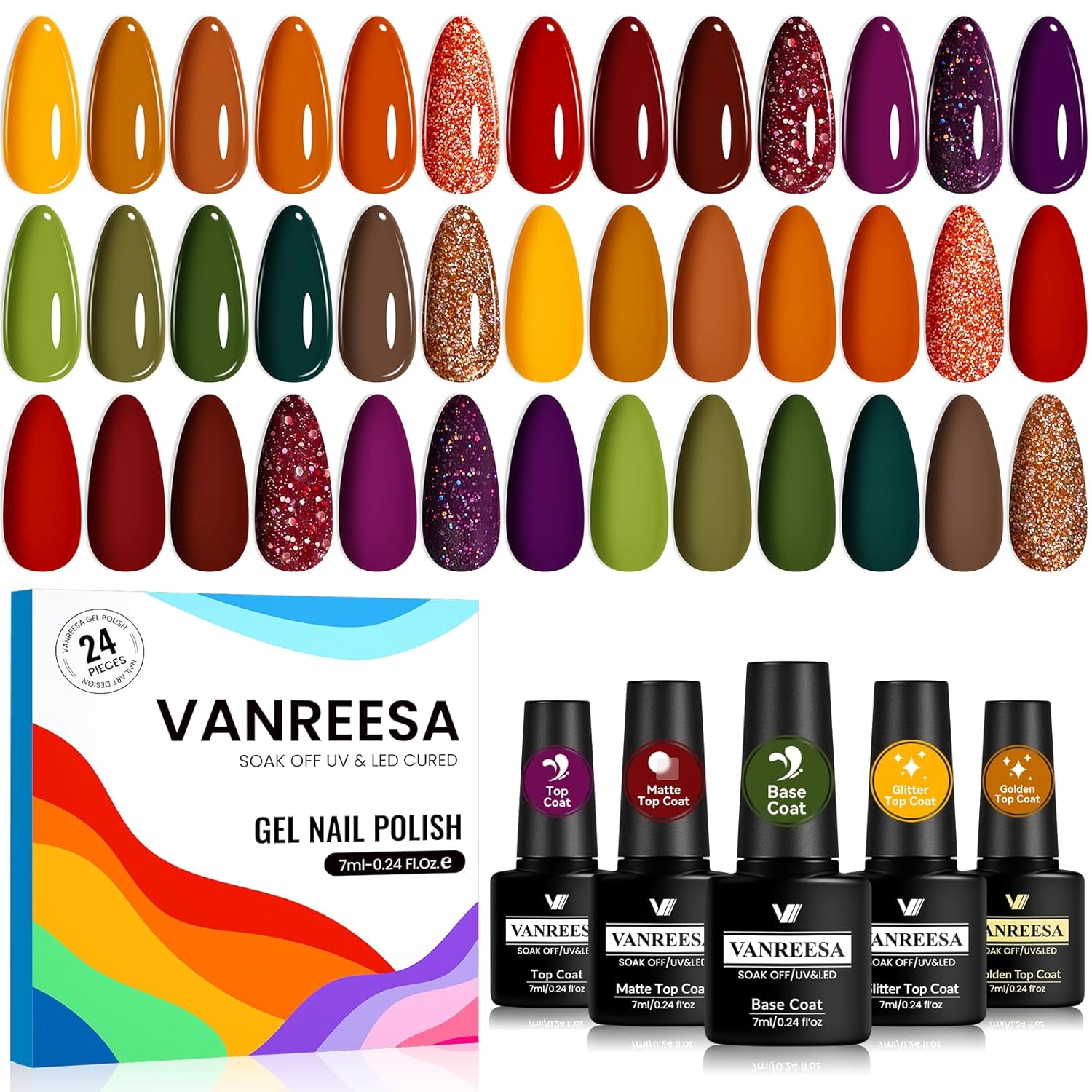 VANREESA 24 Pcs Neon Gel Nail Polish Set -Bright Summer Colors Gel Polish with Base Coat & 4 Effects of Top Coat Bright Yellow Orange Pink Red Green Blue Purple Gel Polish Set Nail Kit Gifts for Women : Beauty & Personal Care