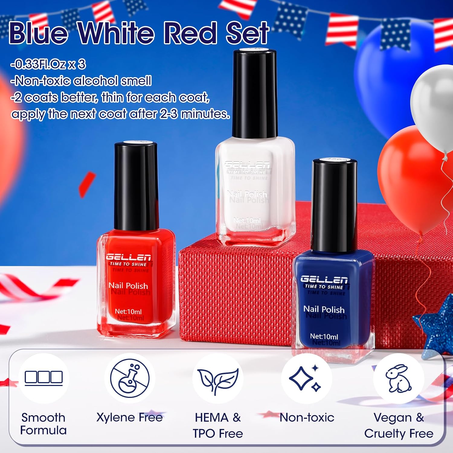 GELLEN 4th of July Nail Polish Blue Red White Summer. No Lamp Needed | Quick Air Dry. Toxin HEMA Free. High Pigment. For Finger Toe Nails Home Salon : Beauty & Personal Care