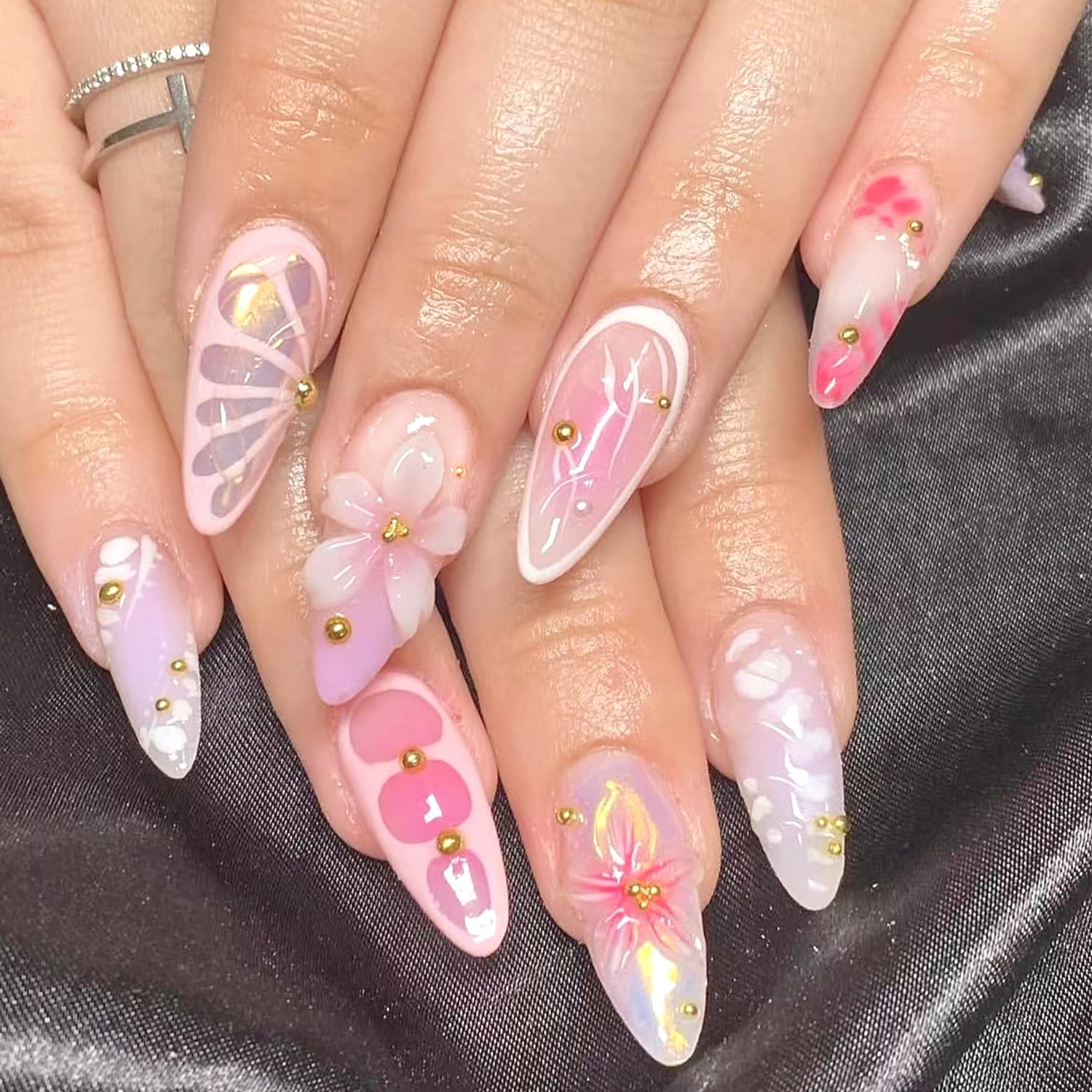 YKZFUI French Tip Press on Nails with Charms. Medium. Cute Bow. Long Square Shape. Acrylic Fake Stick On Nails with Heart and Rhinestones for Women Daily Wear. White : Beauty & Personal Care