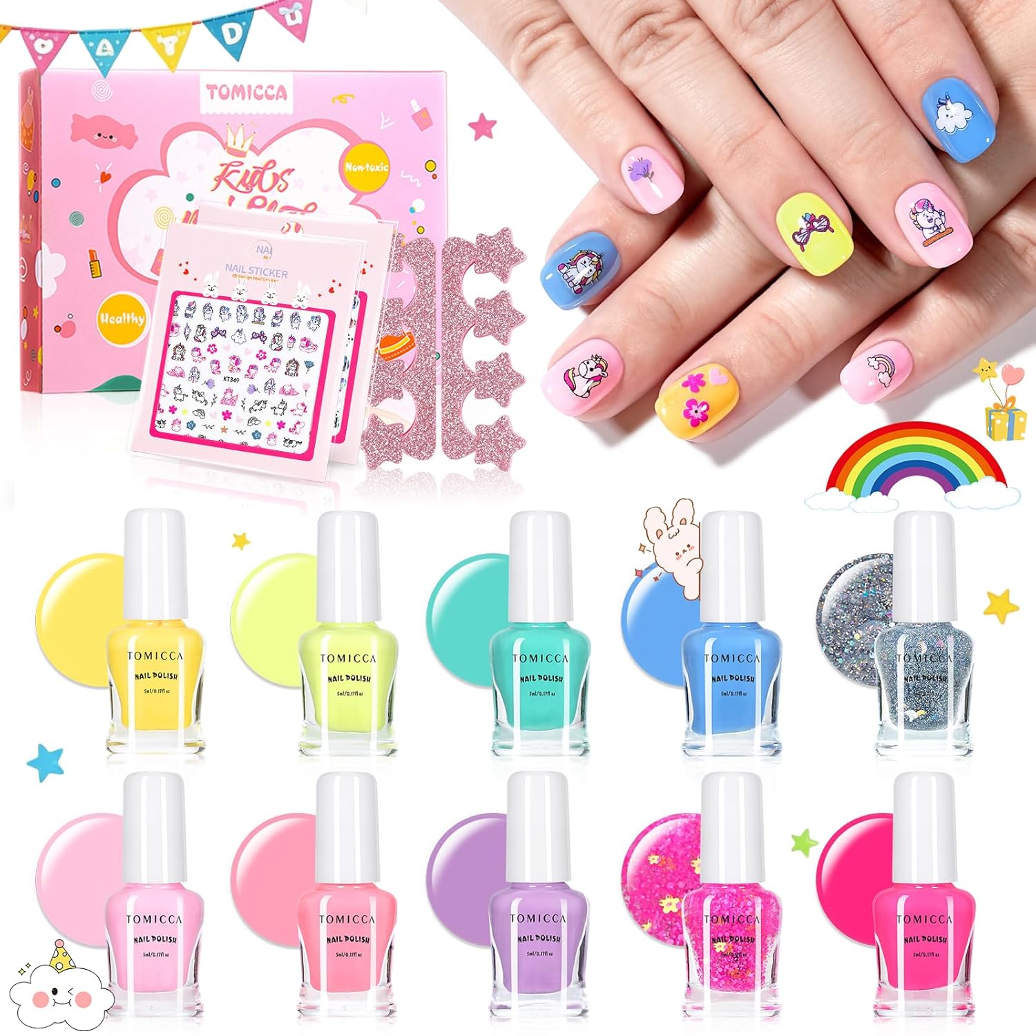 TOMICCA Kids Nail Polish Set. Non Toxic Quick Dry Water-Based Peel-Off 10 Colors Toddler Nail Polish Kit Natural Safe Quick Diy Kids Gifts Kit for Girls Ages 5+ : Beauty & Personal Care