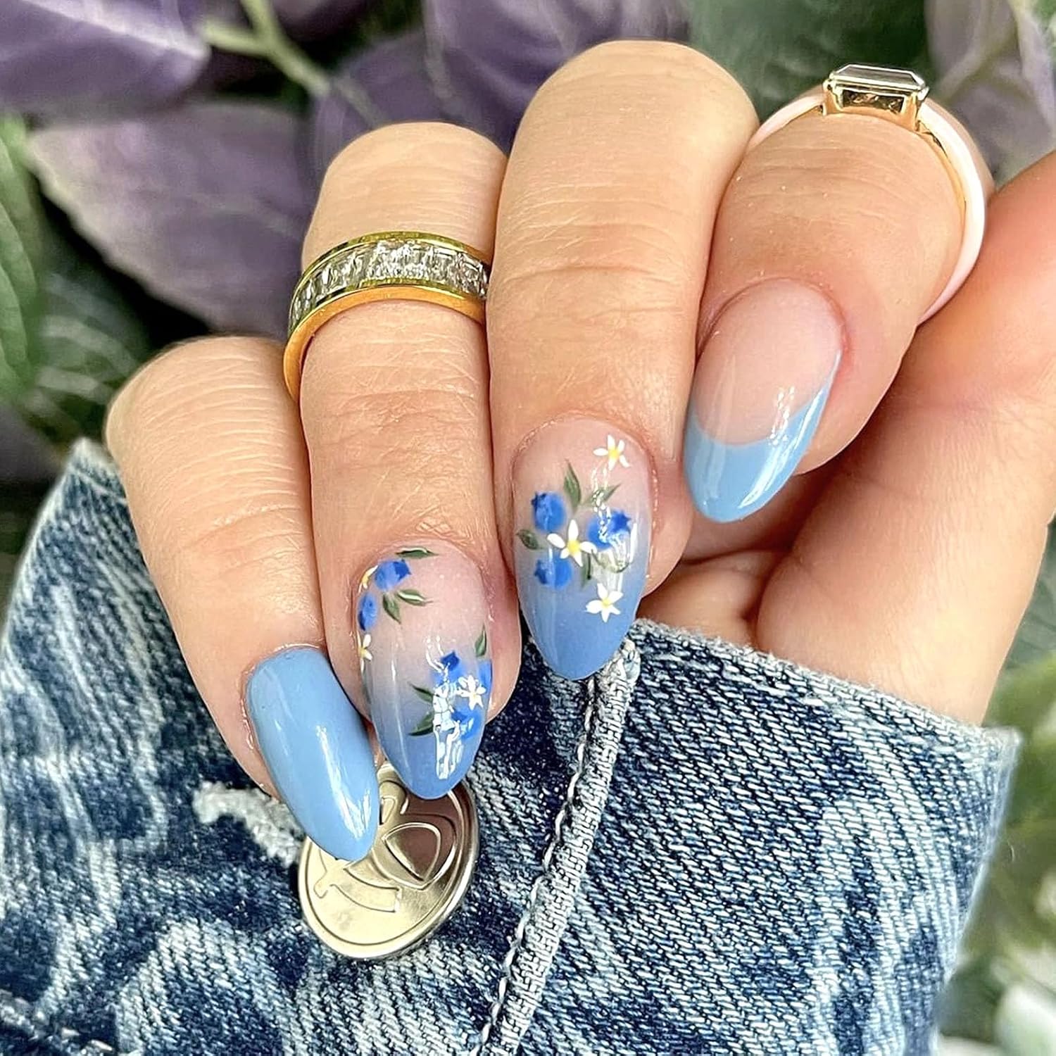 Short Press On Almond Fake Nails - Flower Acrylic Fall Nails Press Ons Full Cover Glue On Cute False Floral Stick On Nails for Women - 30 Pcs : Beauty & Personal Care