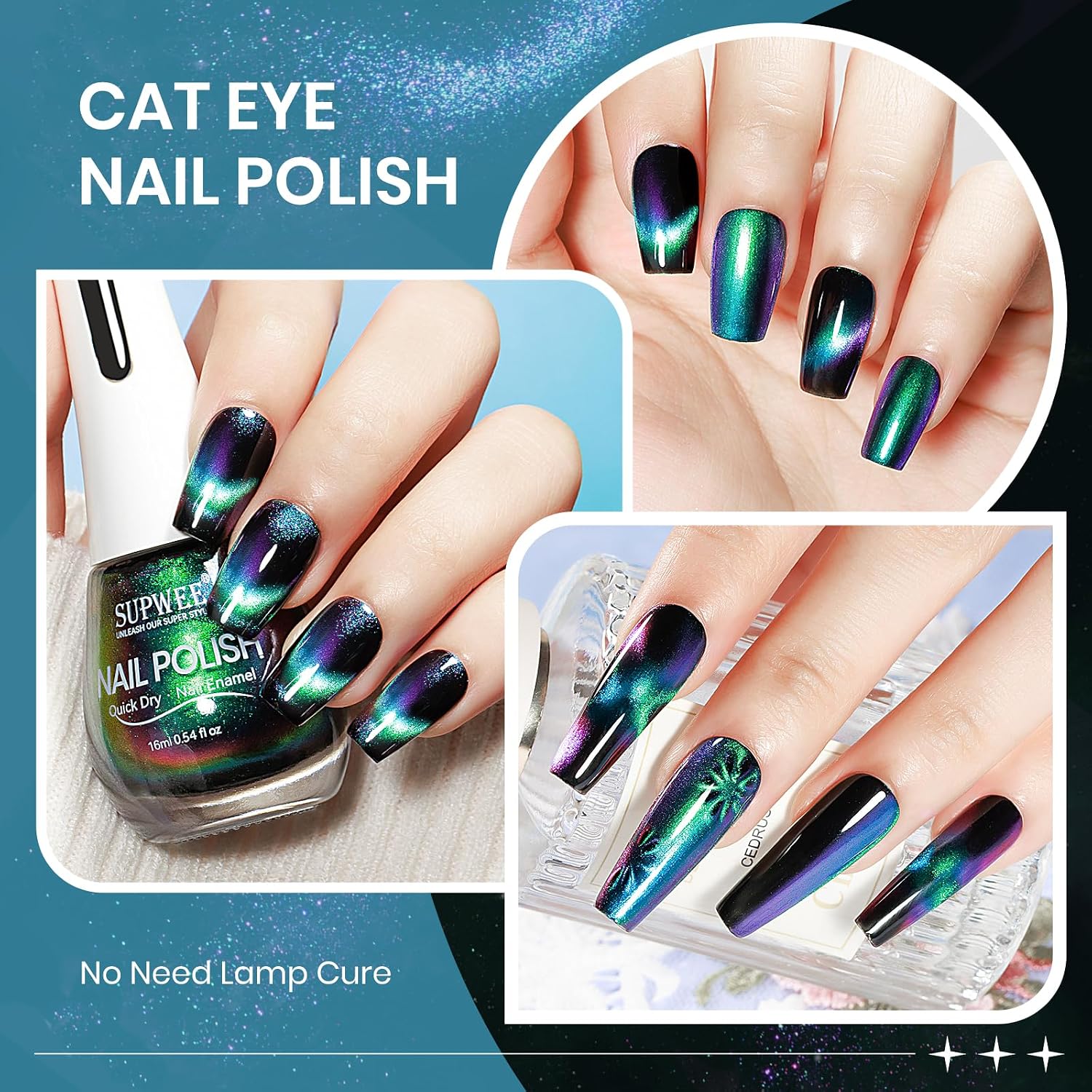 SUPWEE Cat Eye Nail Polish Non Gel with Magnet- Need to Use Black Base. Quick Dry Cateye Magnetic Nail Polish for Fingernail Air Drying Fast Lacquer Manicure Gift For Women Girls 16ml. 0.54fl oz : Beauty & Personal Care