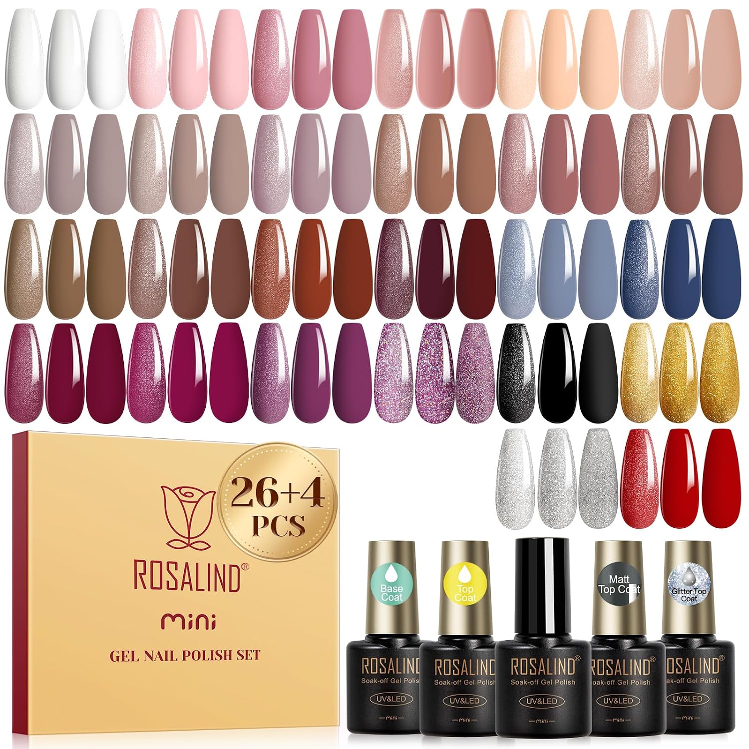 ROSALIND 30pcs Gel Nail Polish Set. 26 Colors Gel Polish with 3Pcs Glossy Matte Glitter Top Coat and Base Coat All Seasons Nude Blue Red Gel Nails art Kit DIY Salon at Home : Beauty & Personal Care