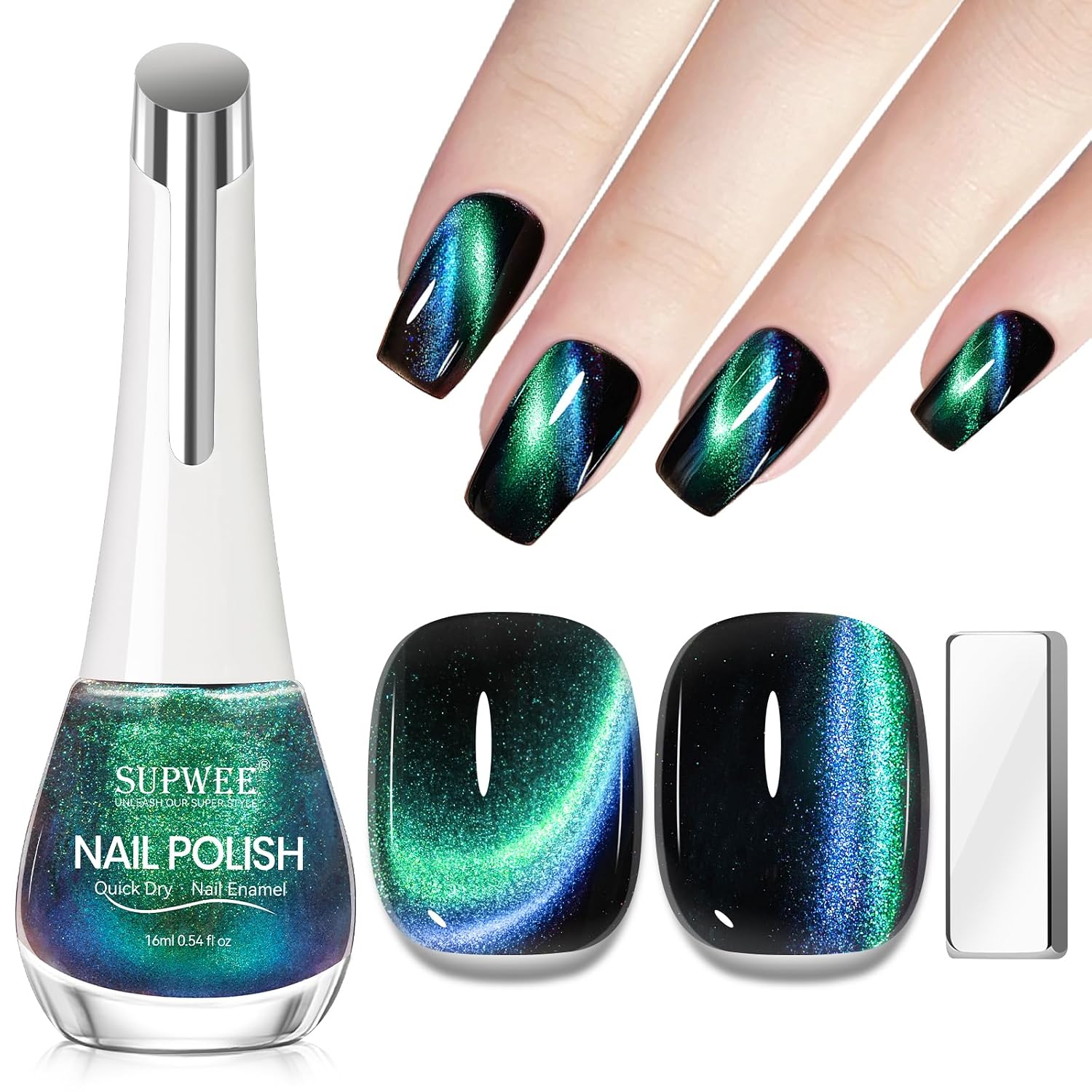 SUPWEE Cat Eye Nail Polish Non Gel with Magnet- Need to Use Black Base. Quick Dry Cateye Magnetic Nail Polish for Fingernail Air Drying Fast Lacquer Manicure Gift For Women Girls 16ml. 0.54fl oz : Beauty & Personal Care