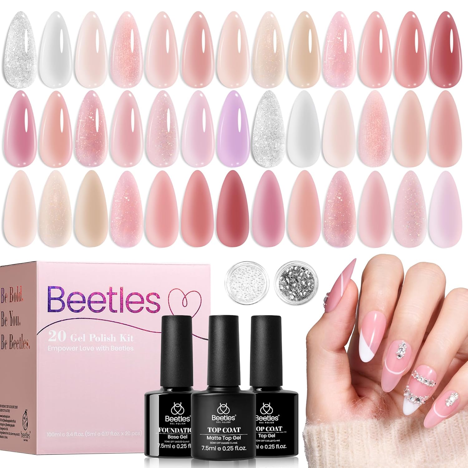 Beetles 44pcs Gel Nail Polish Set - 36 Colors Colorful Muse Gel Polish Kit Pink Nude Red Yellow Green Black White Glitter Nail Kit Base Top Coat UV LED Needed Salon DIY Home Gift for Women : Beauty & Personal Care