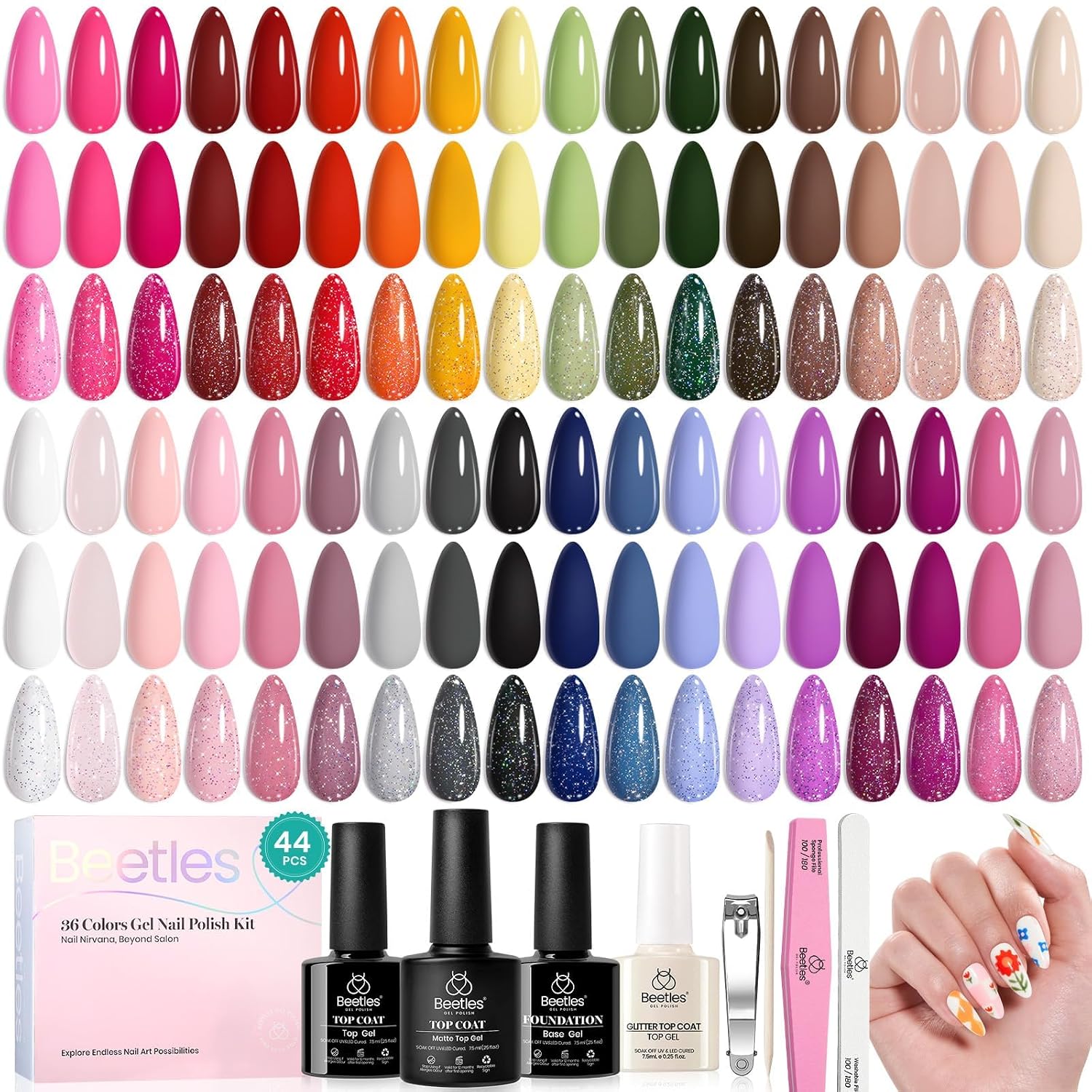 Beetles 44pcs Gel Nail Polish Set - 36 Colors Colorful Muse Gel Polish Kit Pink Nude Red Yellow Green Black White Glitter Nail Kit Base Top Coat UV LED Needed Salon DIY Home Gift for Women : Beauty & Personal Care
