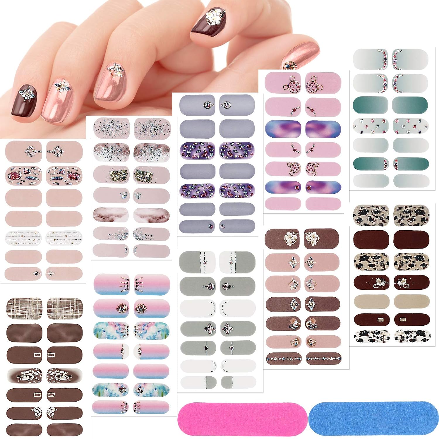 Maitys 140 Pcs 10 Sheets Glitter Full Wrap Nail Stickers for Women UV Free Short Polish Strips with 2 Pcs Nail Files Gradient Stickers Self Adhesive Easy DIY Manicure Decals Strips for Holiday Decor : Beauty & Personal Care