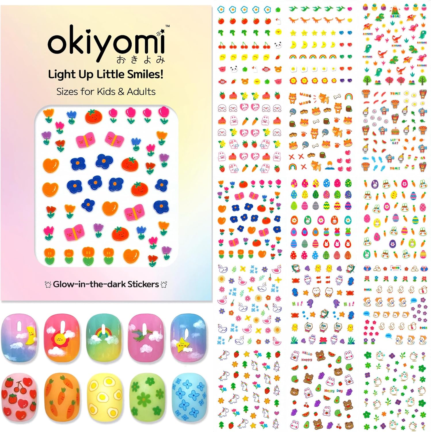 15 Sheets of Nail Stickers for Kids - 735 Cute Nail Stickers - Nail Decals for Girls - Flower. Bunny. Unicorn. Bear. Fruits | Glow in The Dark : Beauty & Personal Care