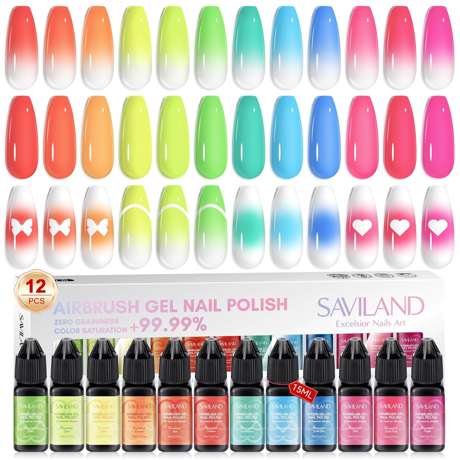SAVILAND Airbrush Gel Nail Polish Hema-Free: Dilution-Free 12 Vitality Colors Airbrush for Nails Set Non-Acetone with Fine Mist Nail for Spray French & Ombre Nail Polish Nail Art Design Salon Kit : Beauty & Personal Care