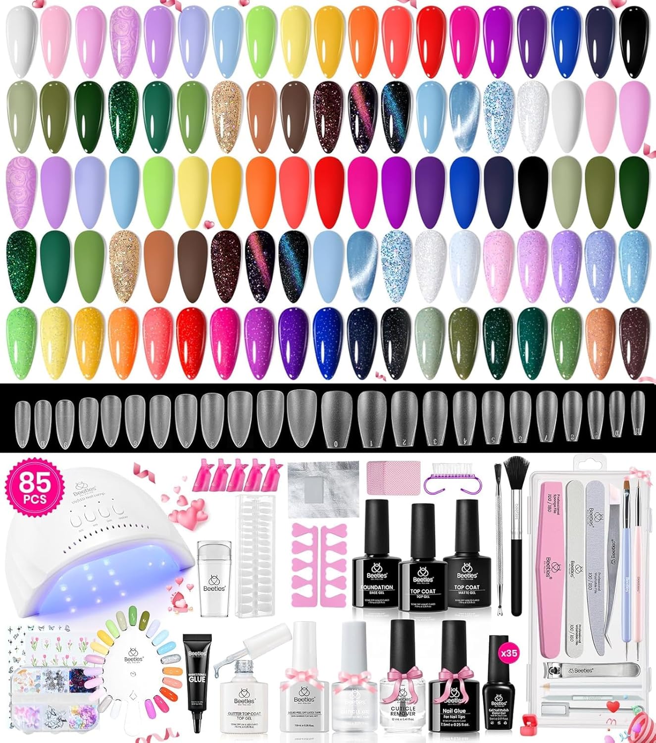Beetles Summer Gel Polish Set - Fingertip Palette. 32 Colors Polish Set with Base Top Coat Pink Red Blue Purple Brown Yellow Green Black White UV LED Lamp Nails Gifts for Women : Beauty & Personal Care