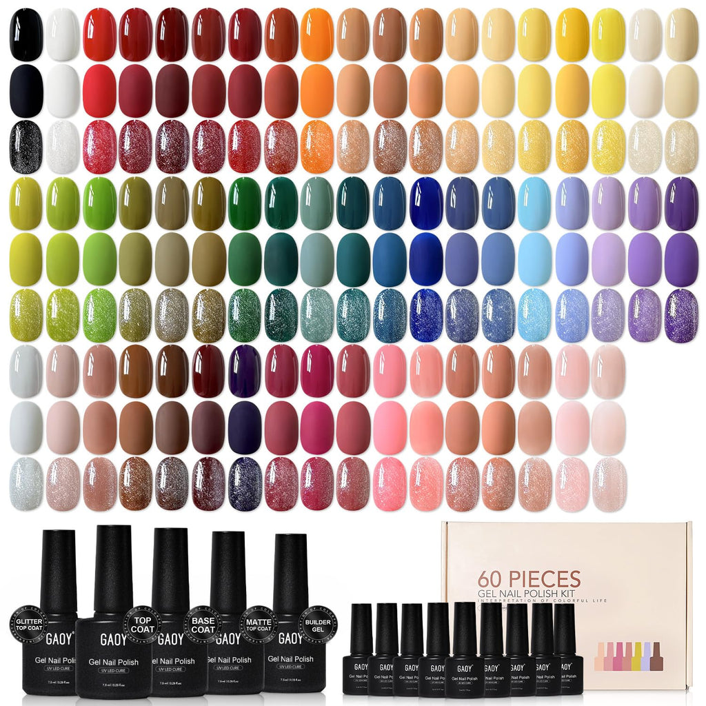GAOY 60 Pcs Gel Nail Polish Set. 55 Colors All Season Gel Polish Kit Red Nude Black White Pink with 5 Pcs Soak off Base Glossy Matte Glitter Top Coat & Builder for Nail Art DIY Manicure at Home : Beauty & Personal Care