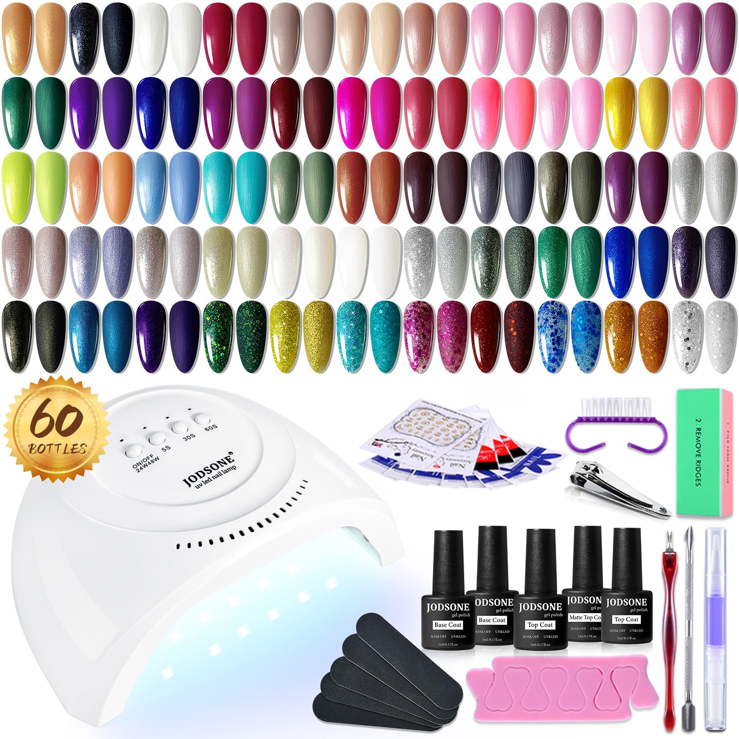 JODSONE Gel Nail Polish Kit 60 PCS with U V Light Soak off Base Top Coat 55 Shine Colors Gel Nail Kit Bright and Dark Brown Wine Red Series Manicure Set for Women and Girls : Beauty & Personal Care