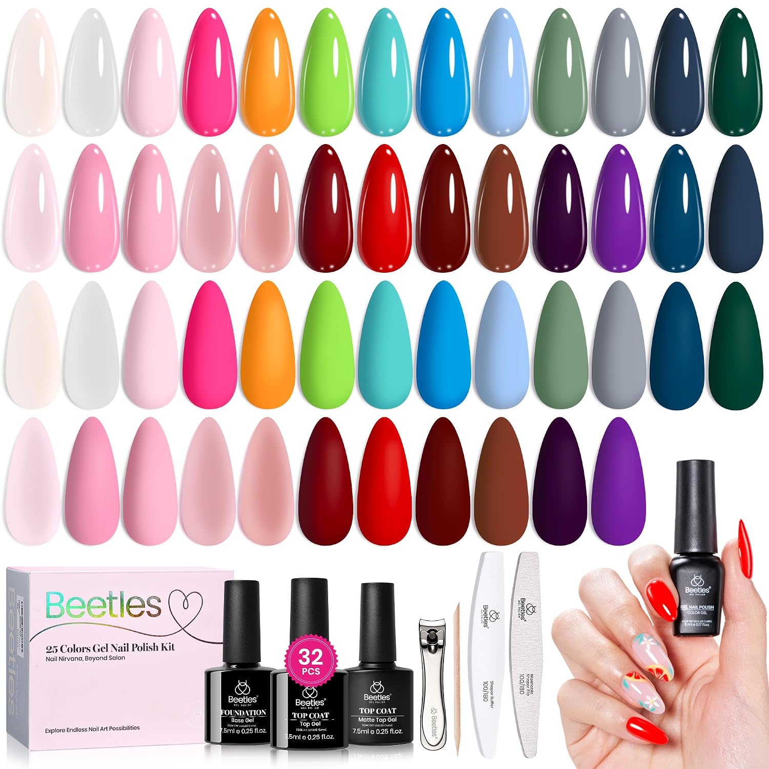 Beetles 44pcs Gel Nail Polish Set - 36 Colors Colorful Muse Gel Polish Kit Pink Nude Red Yellow Green Black White Glitter Nail Kit Base Top Coat UV LED Needed Salon DIY Home Gift for Women : Beauty & Personal Care