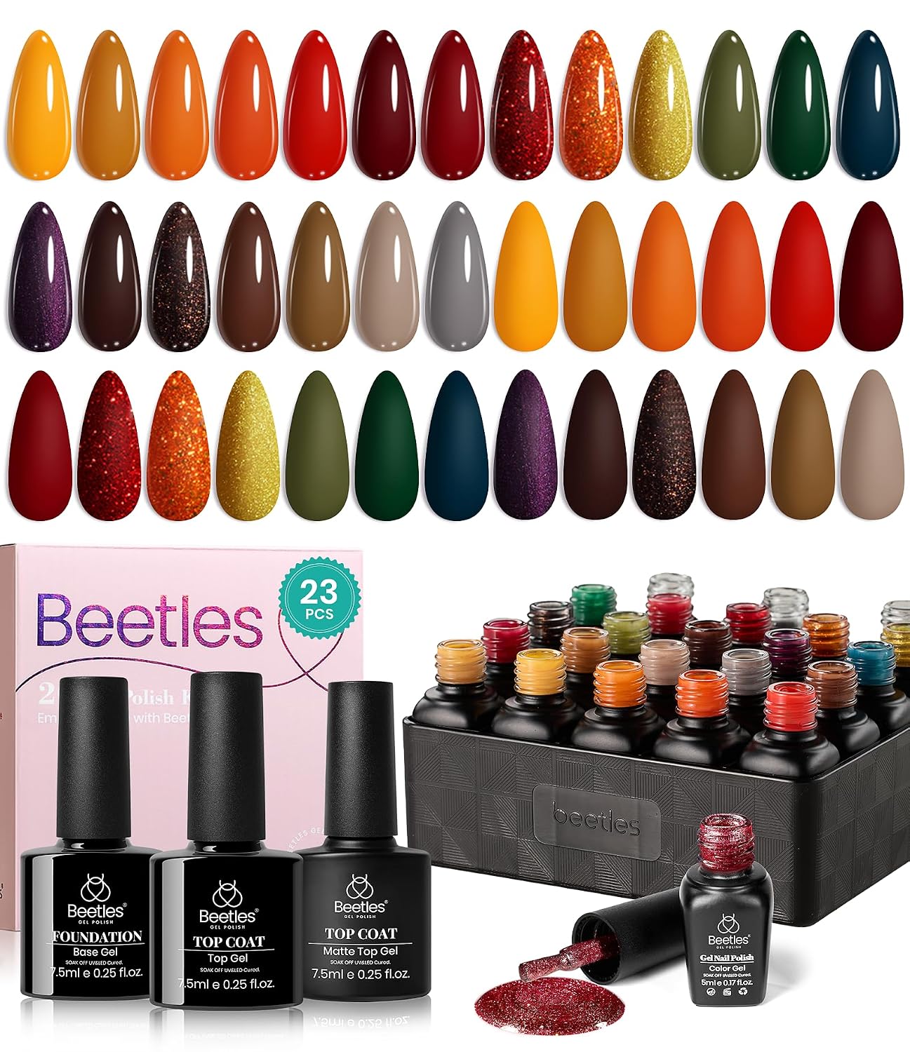 Beetles 44pcs Gel Nail Polish Set - 36 Colors Colorful Muse Gel Polish Kit Pink Nude Red Yellow Green Black White Glitter Nail Kit Base Top Coat UV LED Needed Salon DIY Home Gift for Women : Beauty & Personal Care