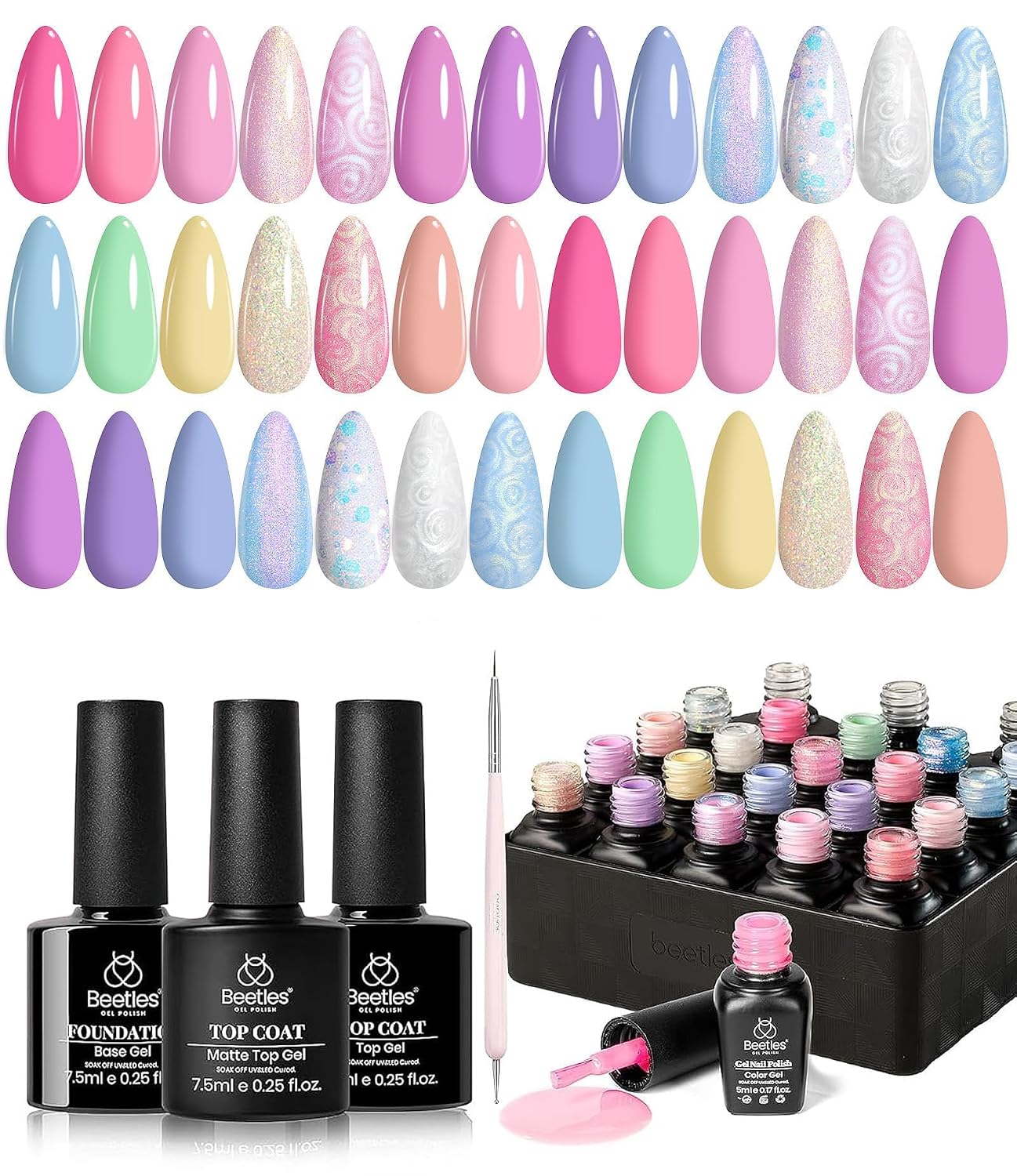 Beetles Summer Gel Polish Set - Fingertip Palette. 32 Colors Polish Set with Base Top Coat Pink Red Blue Purple Brown Yellow Green Black White UV LED Lamp Nails Gifts for Women : Beauty & Personal Care