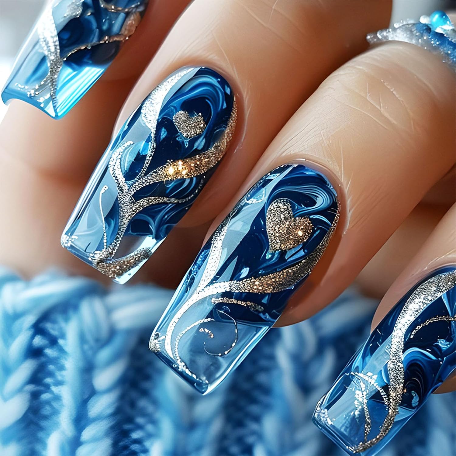 24Pcs Gold Curve Line Press on Nails Sea Acrylic Fake Nail Glossy Blue Gradient Medium Square False Nails Love Heart Stick on Fingernails Seaweed Gel Glue on Nail for Coquette Women Girls : Beauty & Personal Care