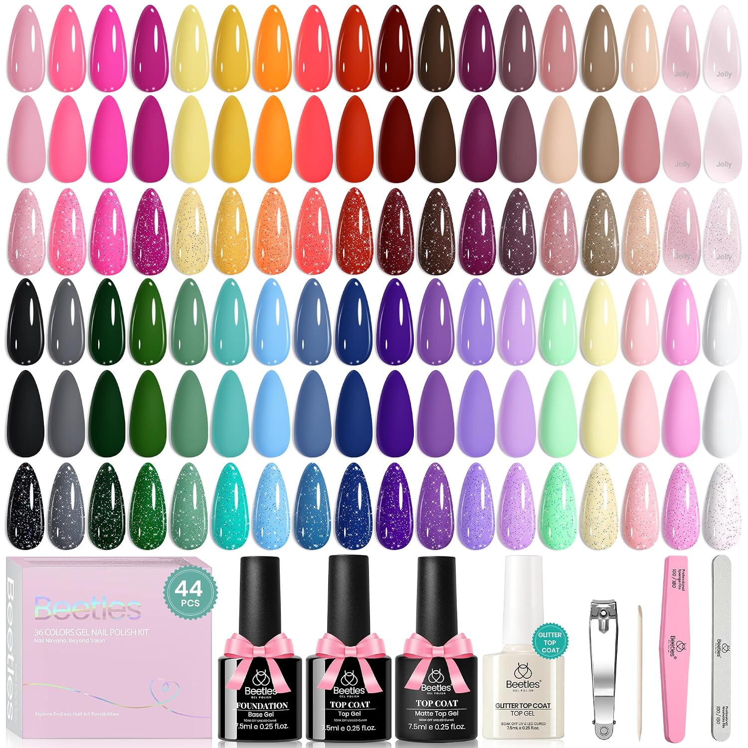 beetles Gel Polish Set Vivid Seasons - Summer Gel Nail Polish Set 36 Colors Pink Yellow Green Purple Jelly Shades 45pcs with Base & Top Coat UV LED Soak Off DIY Salon Gift for Women : Beauty & Personal Care