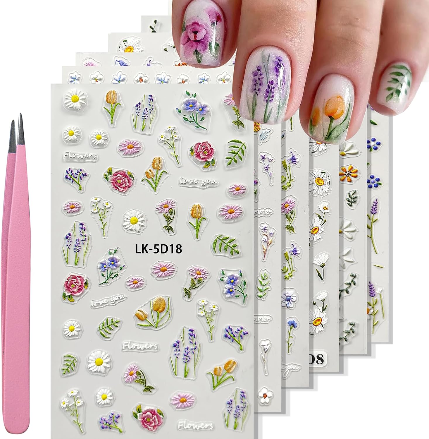 YOSOMMK Nail Art Stickers Decals 5D Embossed Flower Nail Decals Self Adhesive Spring Summer Heart Daisy Nail Supplies 3D Nail Design for Women Nail Decoration Colorful Flower Nail Stickers : Beauty & Personal Care